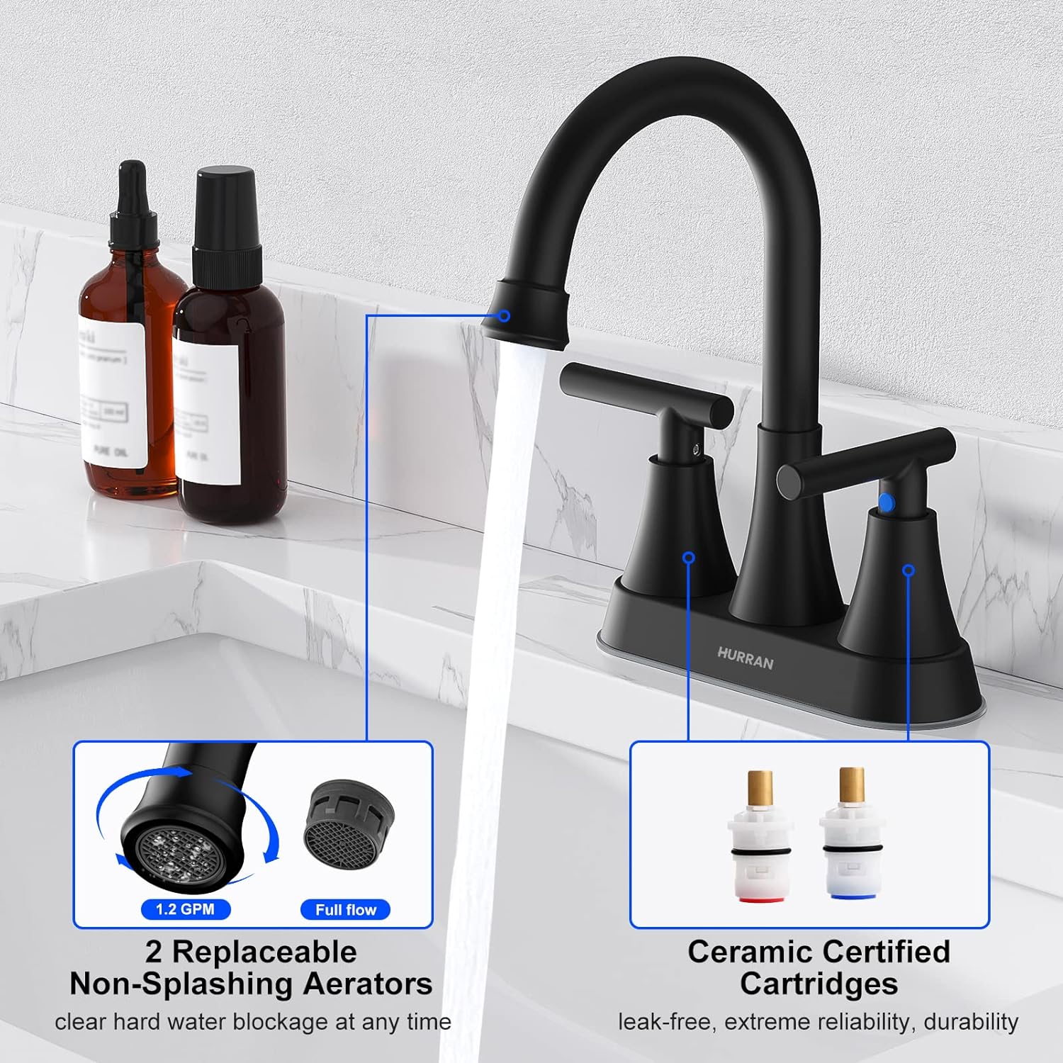 Detalle de Hurran 4-Inch Centerset Matte Black Bathroom Faucet (3-Hole Sink) with Pop-Up Drain and Supply Hoses