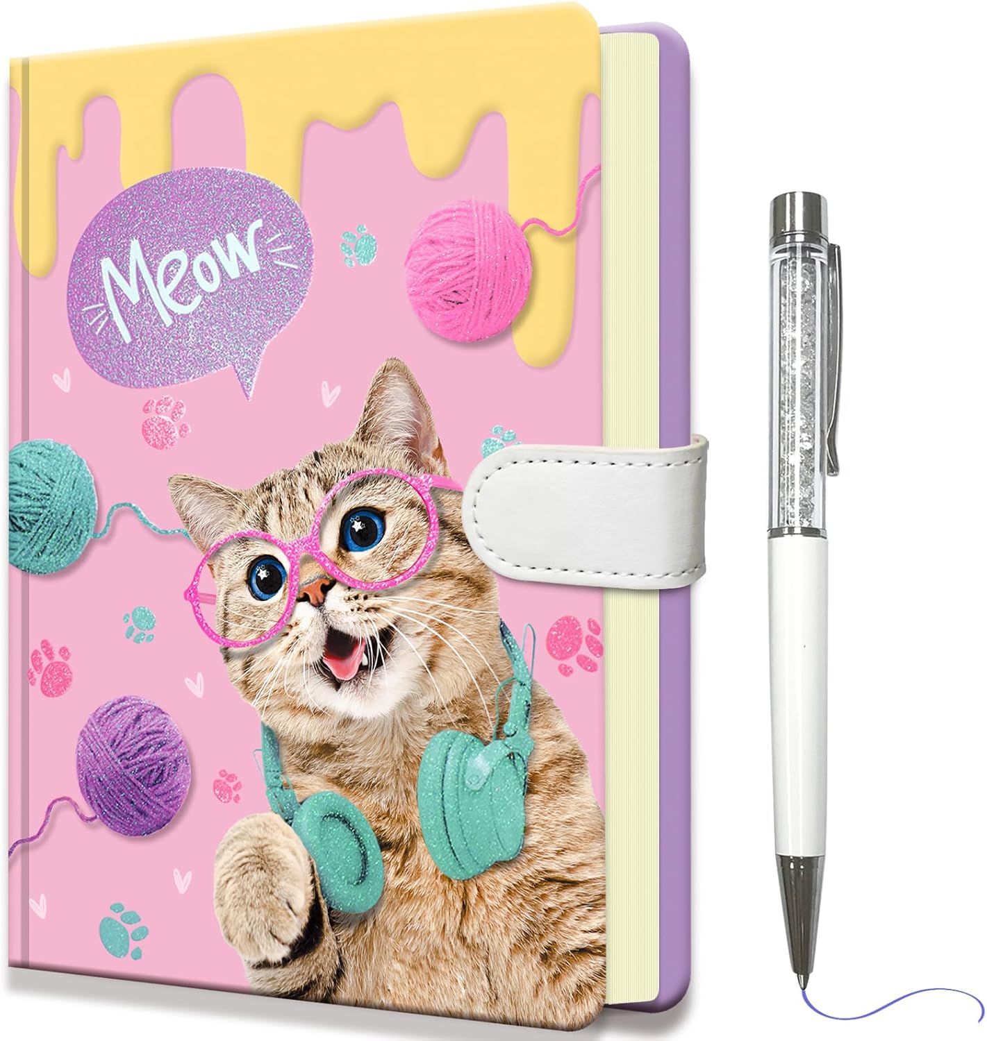 Detalle de DWIYITTN Pink Cat Journal for Girls, 192 Lined Pages, Hardcover and Pen