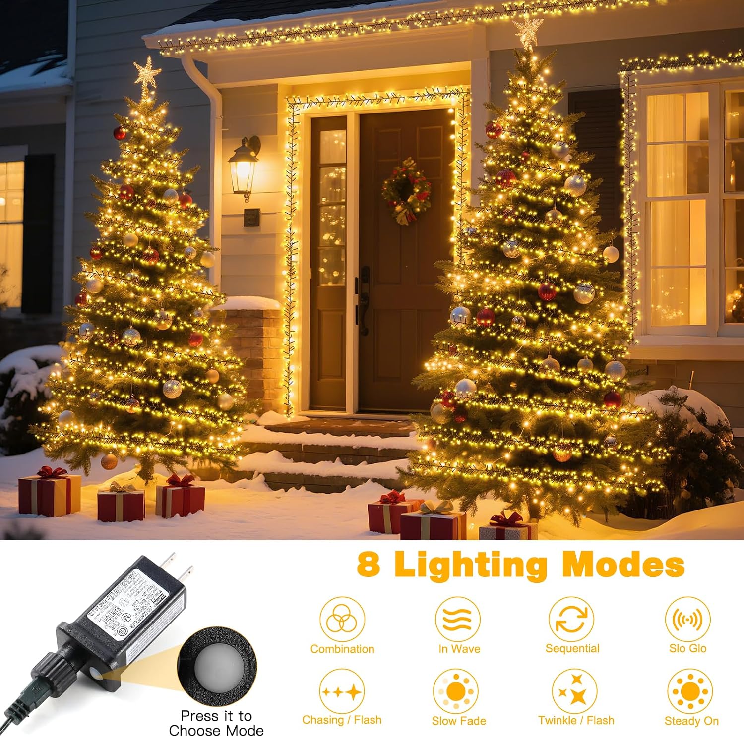Detalle de Cosyglim QX-U-O-S-1000-1-A Cluster String Lights, 1,000 Warm White LEDs, 50 ft