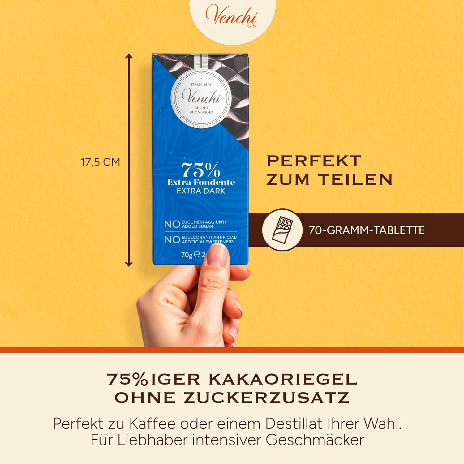 Thumbnail 4 de Venchi Zartbitterschokoladentafel mit 70% weniger Zucker (70% weniger Zucker), 100 g, ohne Zuckerzusatz – glutenfrei