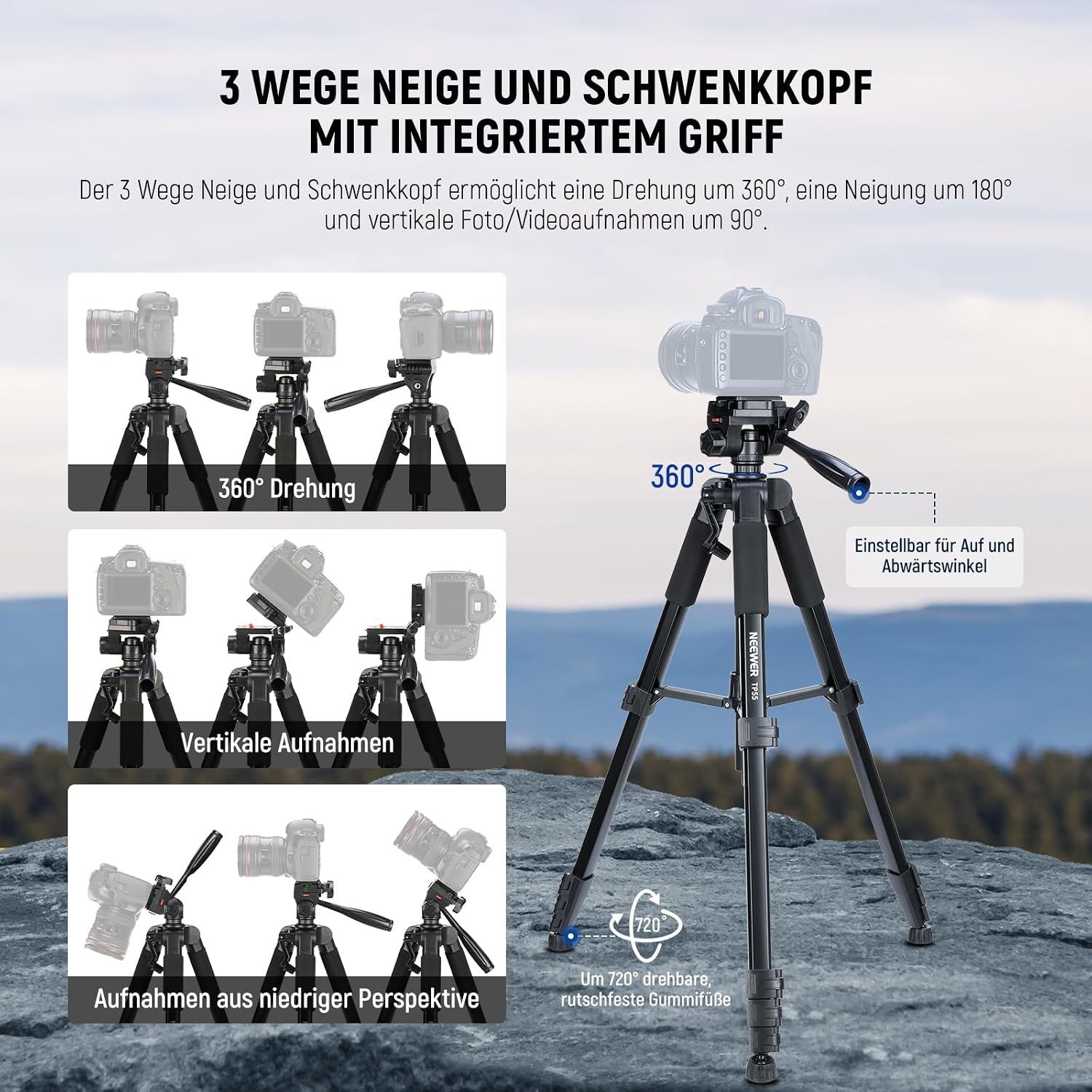 Thumbnail 2 de NEEWER Basics Kamerastativ TP55 (71 Zoll) mit Handyhalterung – leichtes Aluminium-Reisestativ