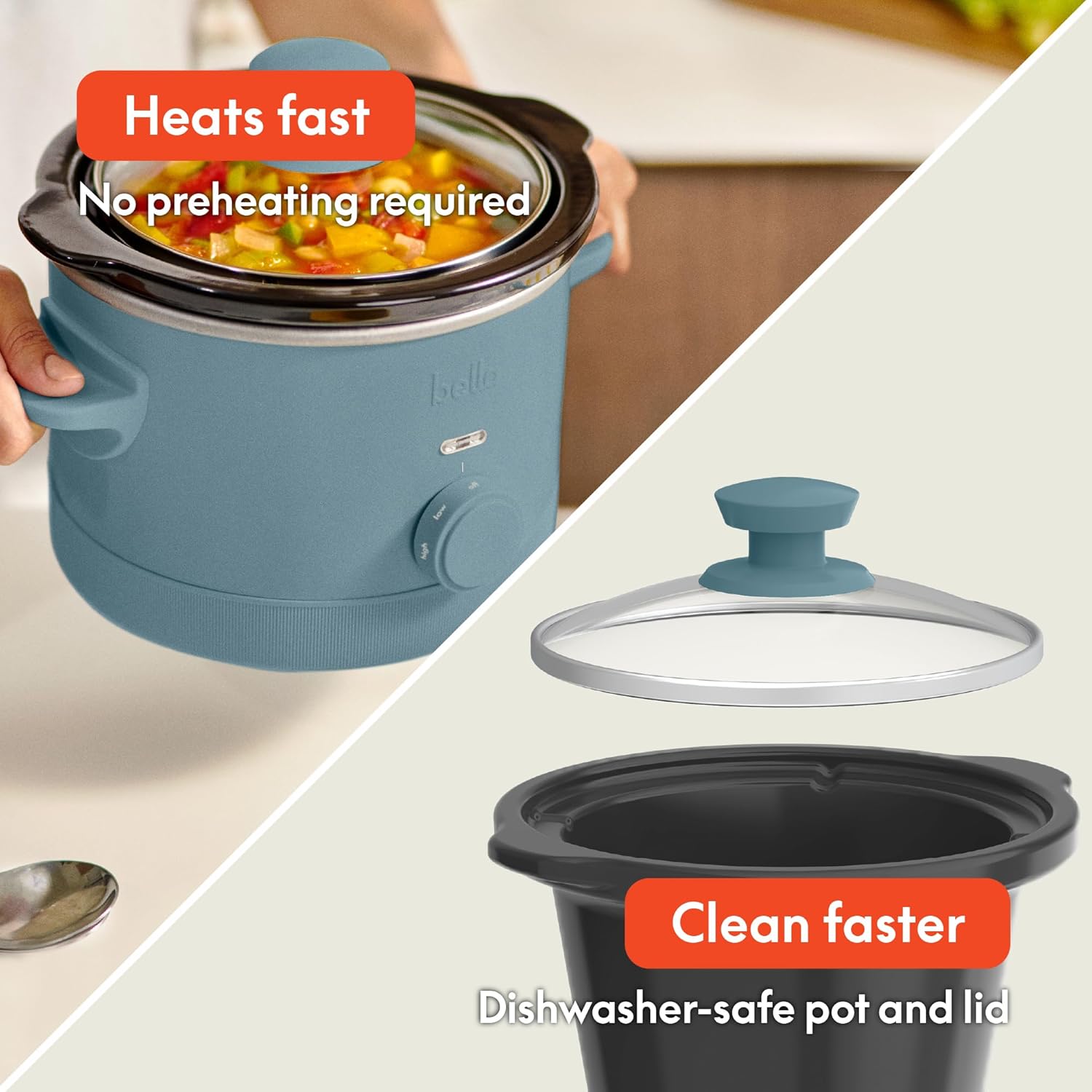 Detalle de bella 1.5 Qt Slow Cooker with 3 Heat Manual Control — Ceramic Nonstick Stoneware Pot