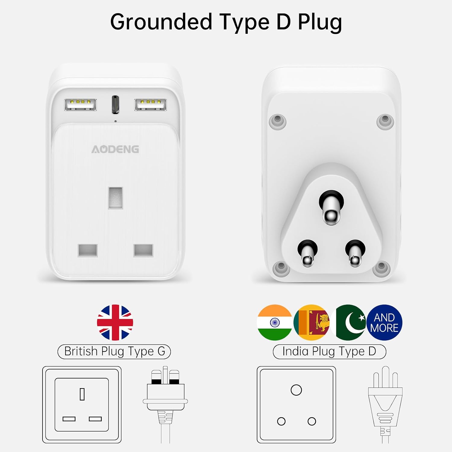 Detalle 2 de AODENG UK to India Plug Adapter with 3 USB Ports (Type D) and Grounded Design