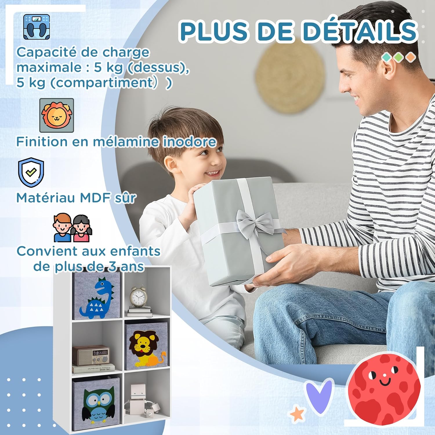 Thumbnail 6 de ZONEKIZ Meuble de Rangement pour Enfant – Bibliothèque à 6 compartiments avec cubes en tissu motif animaux