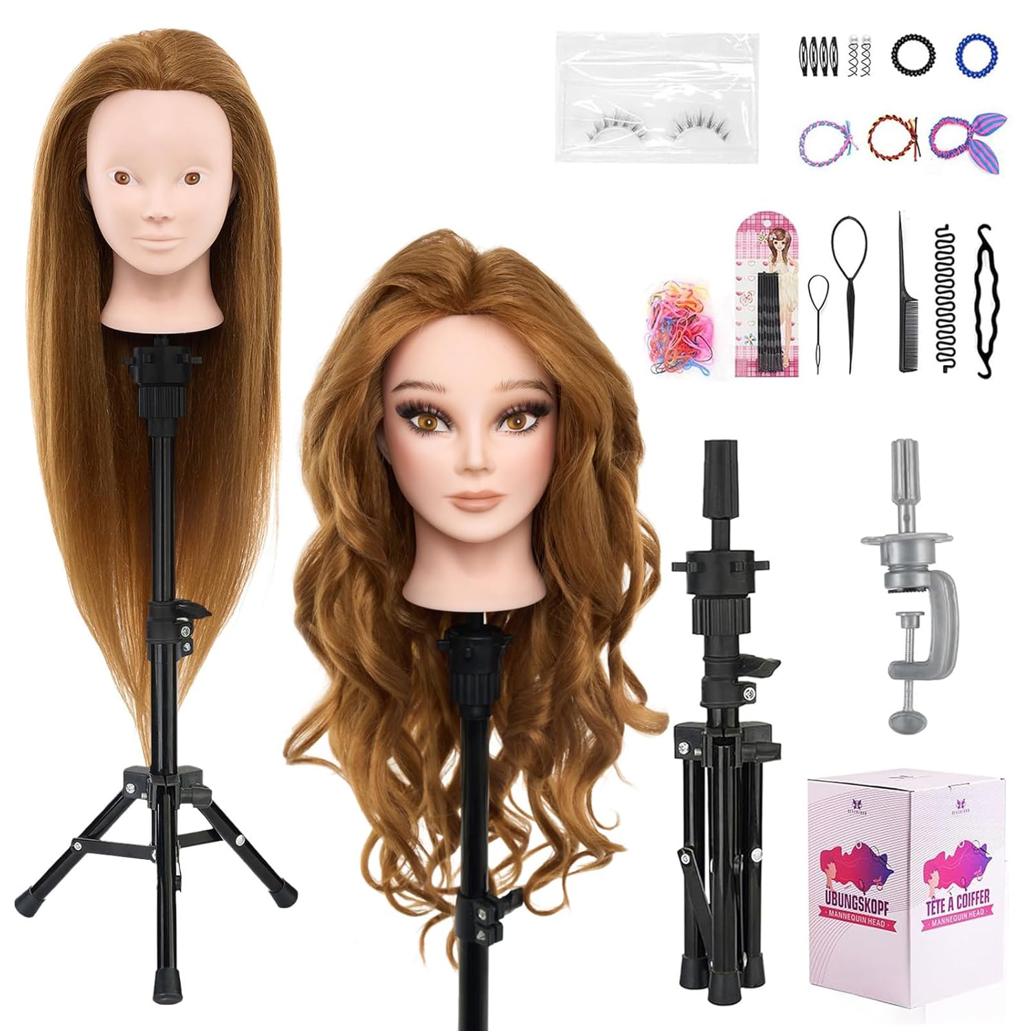 Detalle de Mannequin Head with 80% Real Human Hair + Tripod Stand for Hair Styling and Training