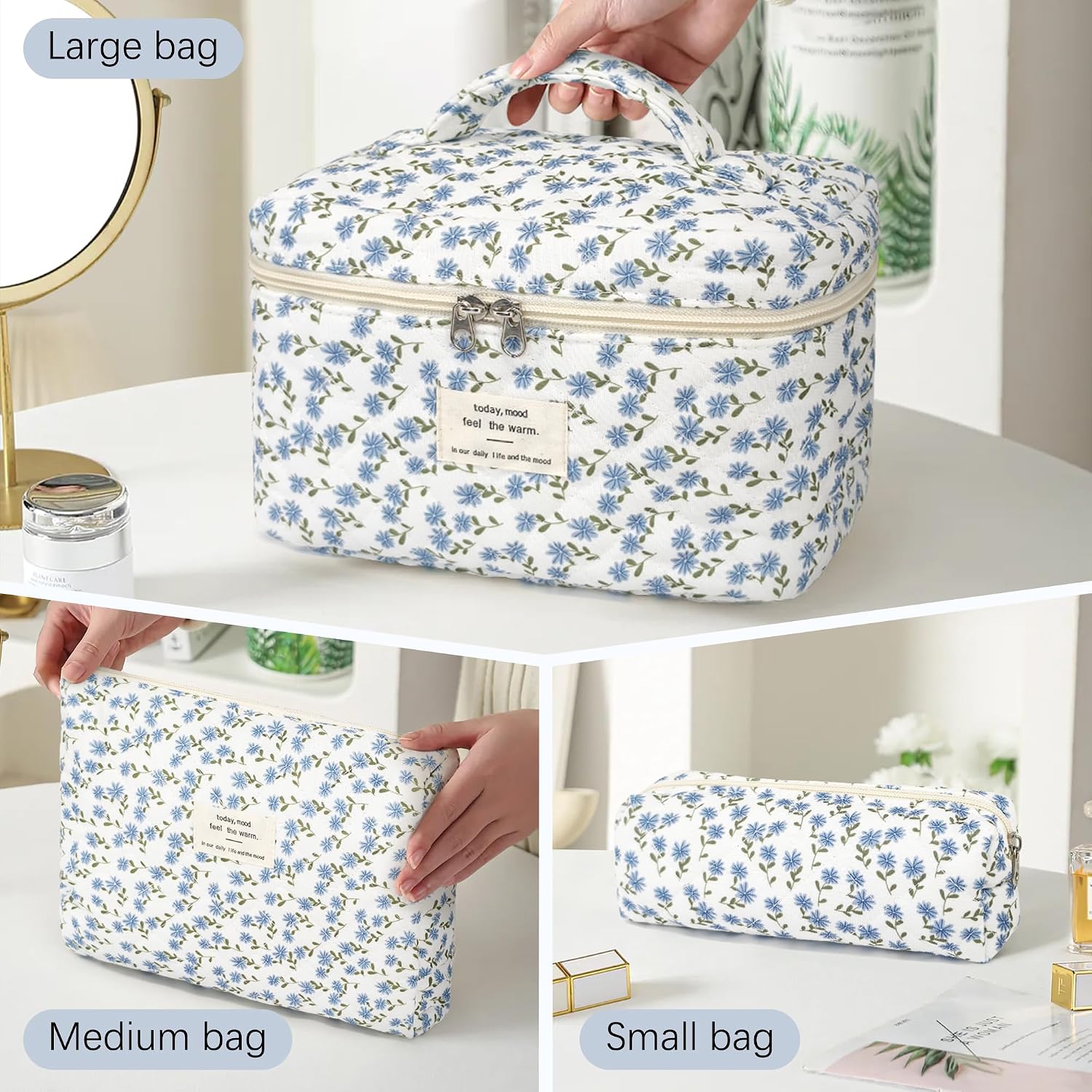 Thumbnail 3 de YMIFEEY 3er Kosmetiktasche-Set Blau Blumen – Klein, Mittel und Groß, robustes Baumwollmaterial, Reise-Beauty-Organiser