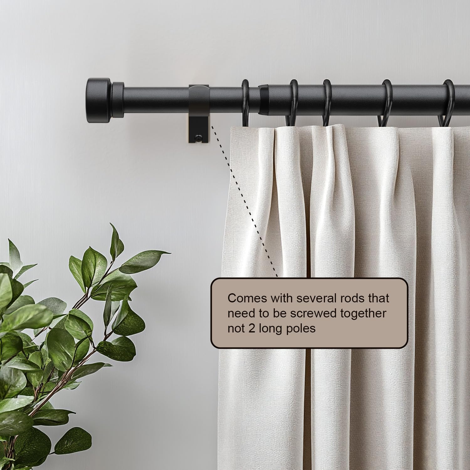 Detalle de Lootkell Matte Black Curtain Rod, Adjustable 32–144 in., 1-Inch Iron