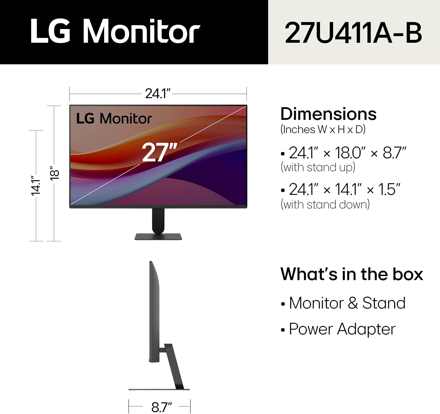 Thumbnail 1 de LG 27U411A-B 27-Inch Full HD IPS Monitor, 120Hz, HDR10