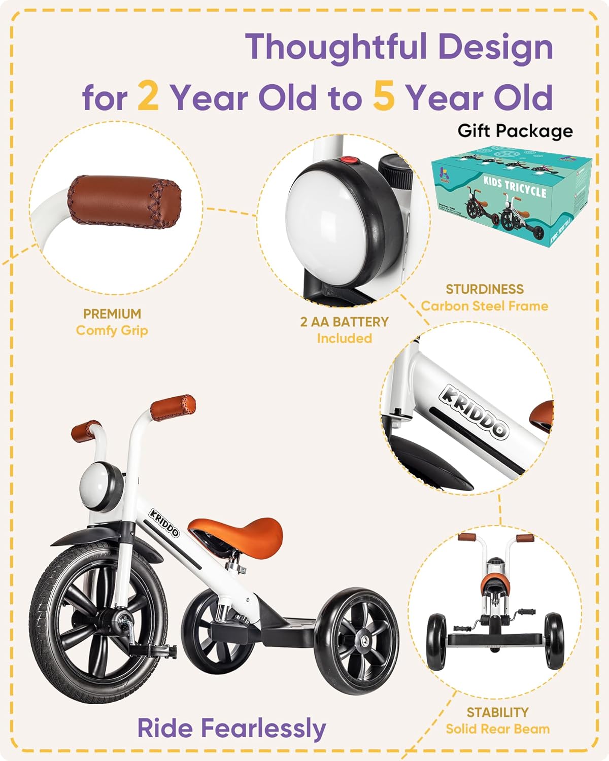 Thumbnail 4 de KRIDDO Kids Tricycle (12 Inch Puncture-Free Wheel) with Front Light, Adjustable Seat, for Ages 2–5, White