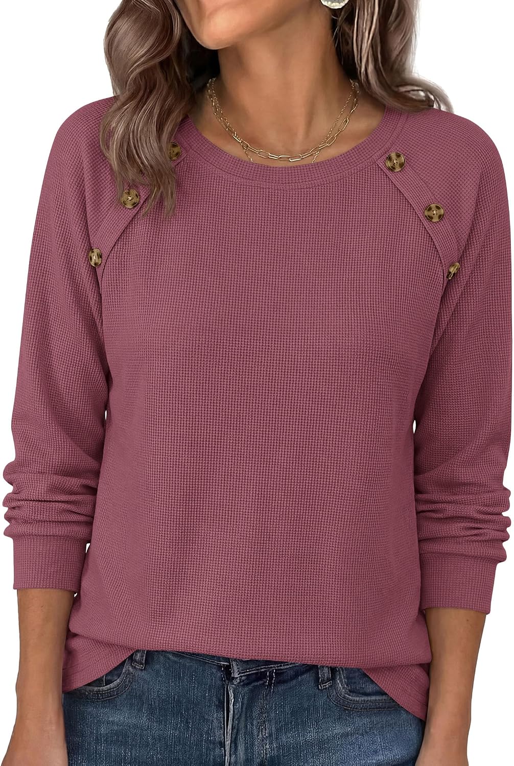 Detalle de PRETTYGARDEN PR1559 Women's Waffle-Knit Tunic Top with Raglan Sleeves