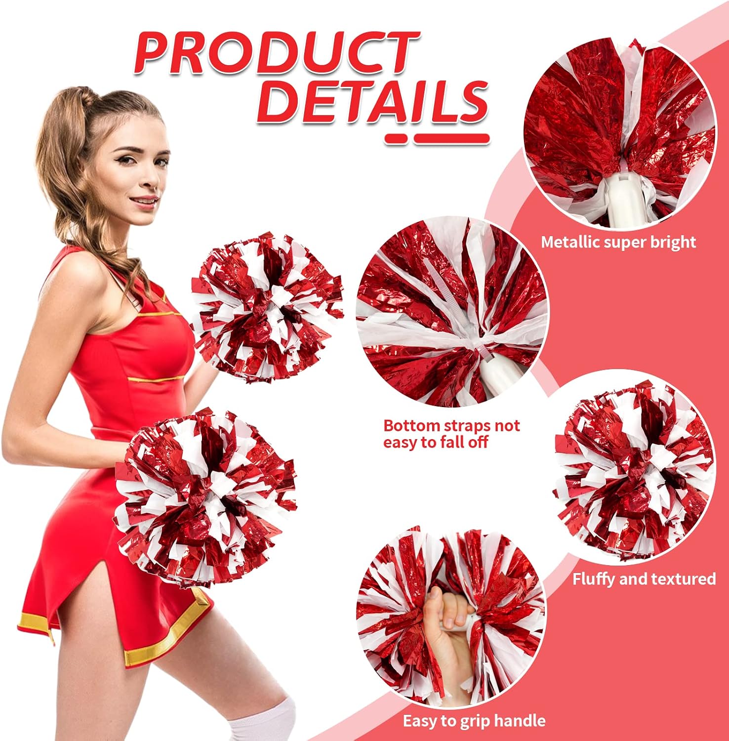 Detalle de CREATIEE-PRO Cheer Pom Poms, 4-Piece Red-and-White Metallic Set