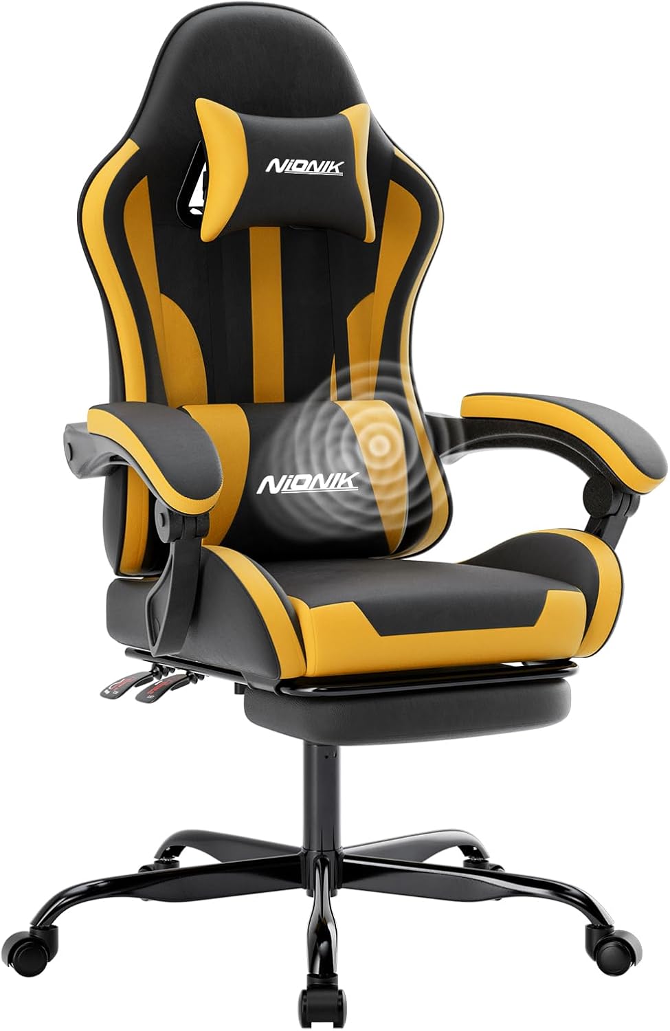 NIONIK Ergonomischer Gaming-Stuhl mit Fußstütze – Verstellbarer Computerstuhl mit Kopfstütze, Lendenwirbelstütze & Höheneinstellung (Orange BY)