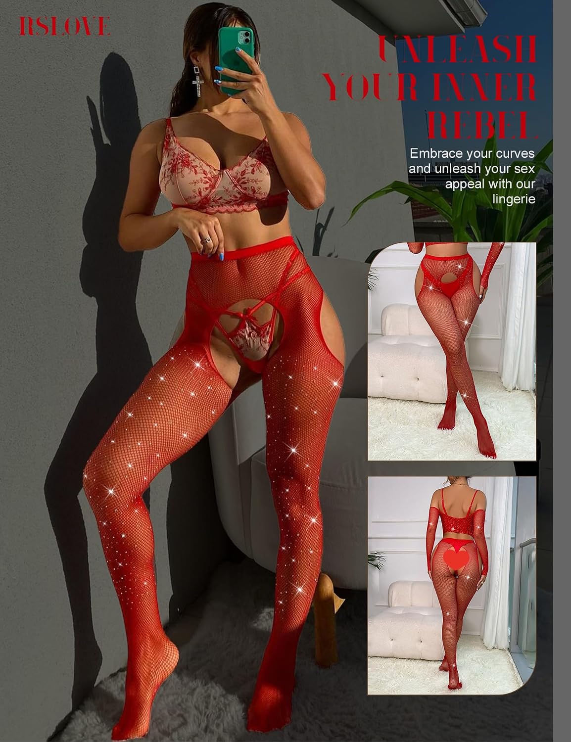 Detalle de RSLOVE High-Waist Rhinestone Fishnet Tights for Women, Stretch Mesh