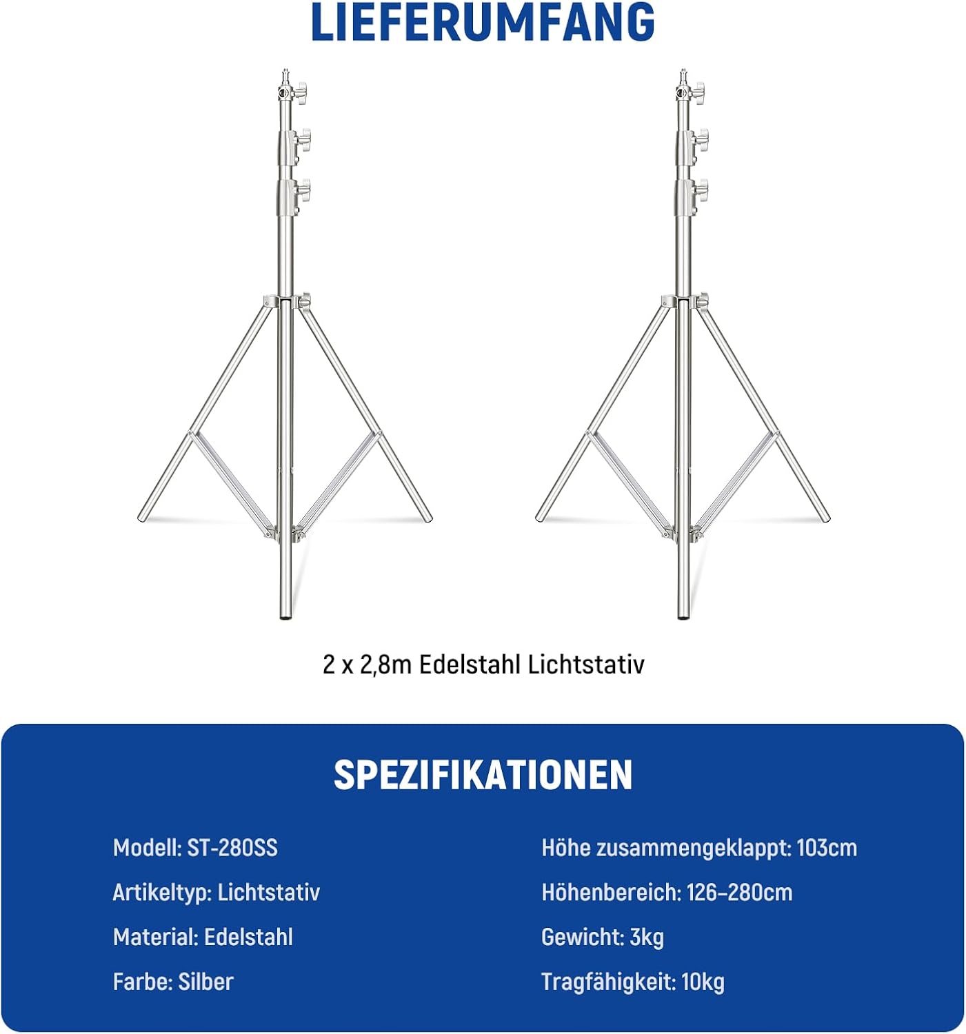 Thumbnail 6 de NEEWER ST-280SS Lichtstativ (2er-Set) aus Edelstahl, 126–280 cm, federgedämpft, 1/4"–3/8" Adapter