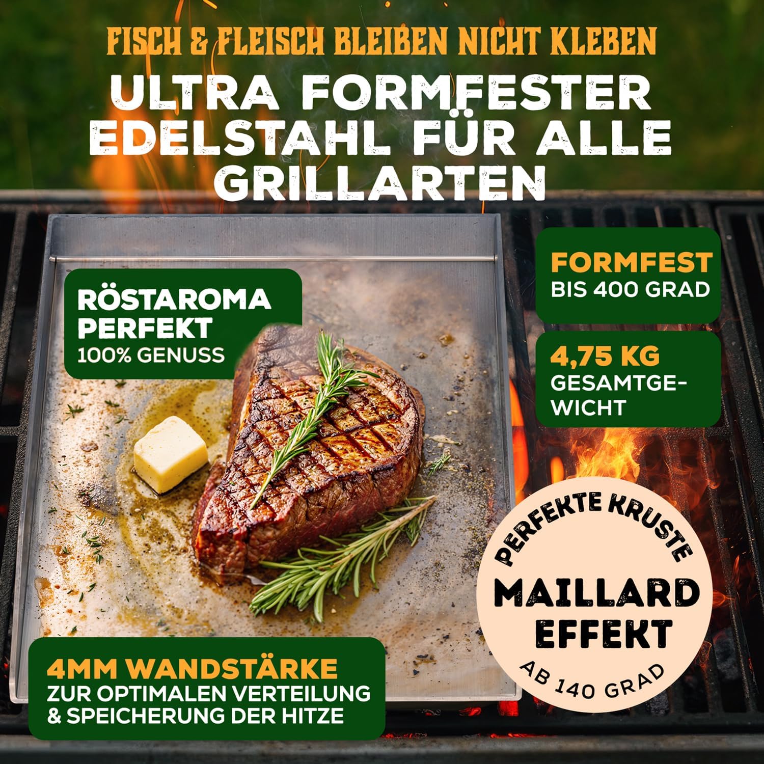 Detalle de Blumtal Grill-Plancha Set aus Edelstahl (30×40 cm) inkl. 2 Spachteln & Ölflasche
