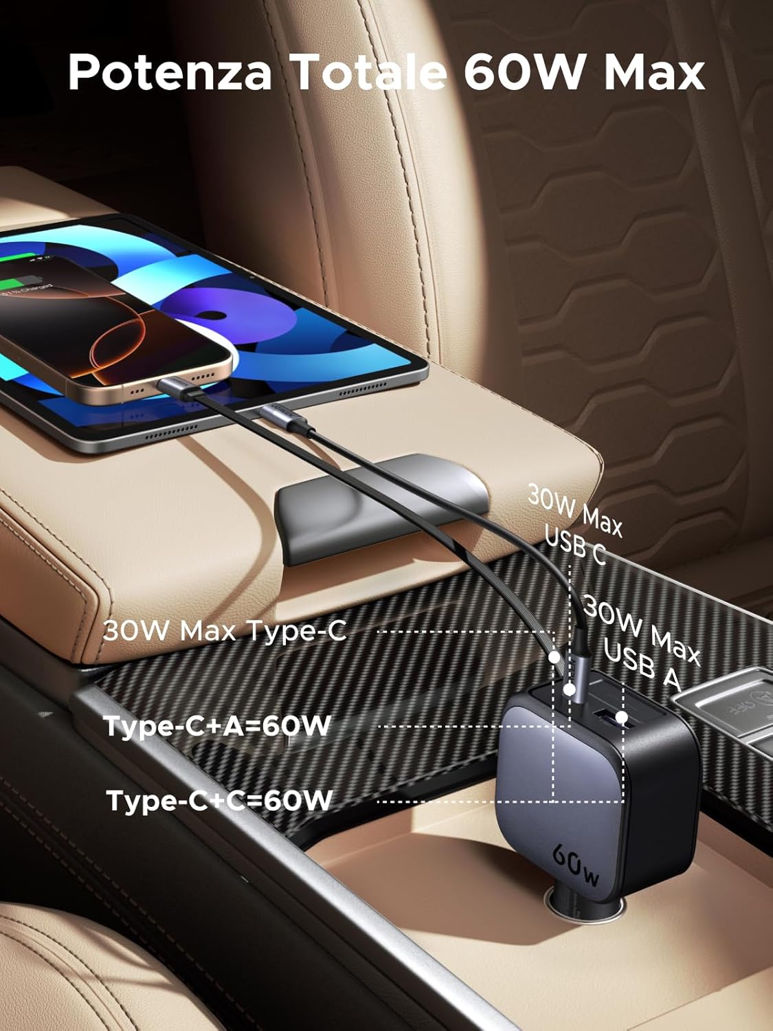 Thumbnail 2 de UGREEN caricatore auto 60W retrattile con USB-C e USB-A (3 porte) per iPhone, Galaxy, Pixel e MacBook