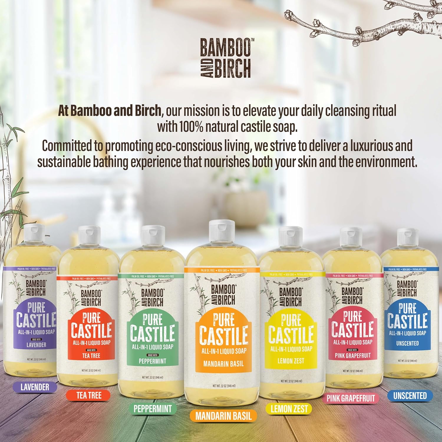 Detalle 2 de BAMBOO AND BIRCH Pure Castile Soap Liquid, Mandarin Basil, 32 oz