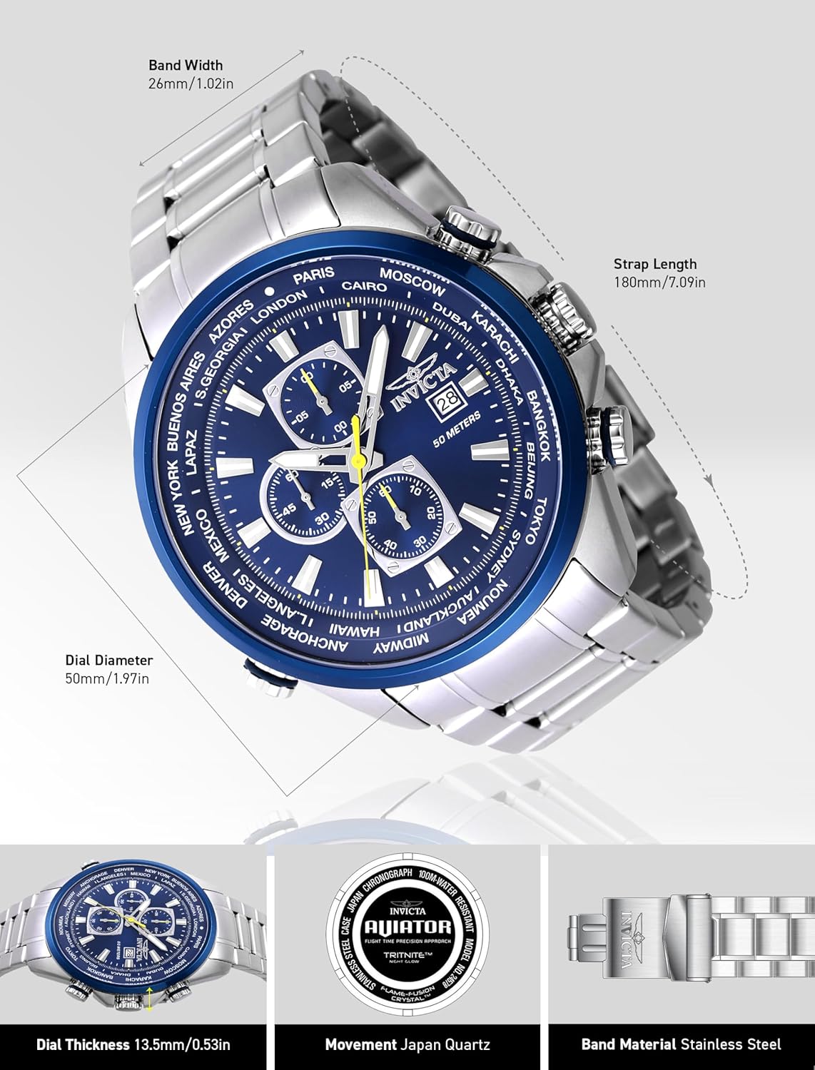Thumbnail 2 de Invicta Aviator Montre Homme 50 mm – Mouvement Quartz, Acier Inoxydable, Cadran Bleu