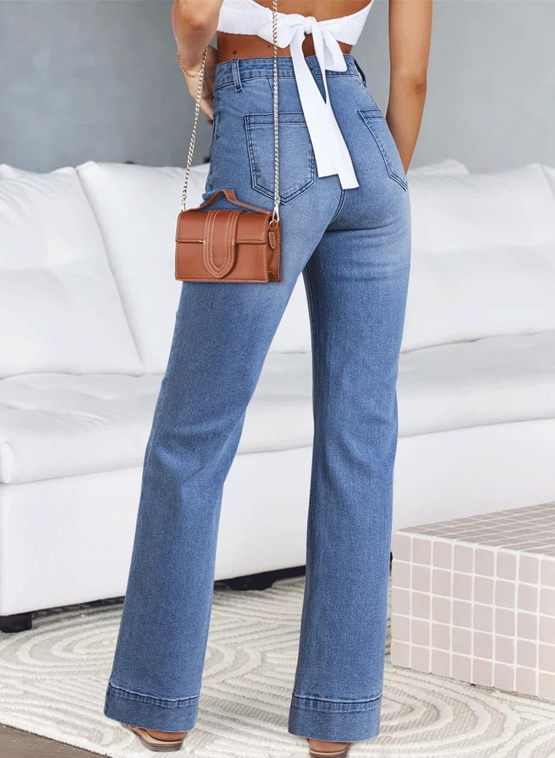 Detalle de Astylish Women’s High-Waisted Stretch Wide-Leg Jeans (Straight Leg) with Pockets