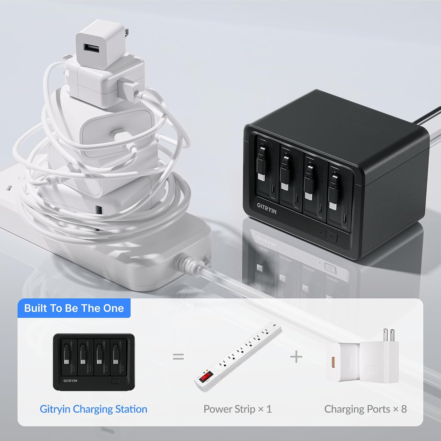 Detalle de Gitryin 12-in-1 Desktop Modular Charging Station (12-in-1, 4x65W USB-C Retractable Chargers, 33.5in Built-in Cables, ETL Surge Protector) — Black