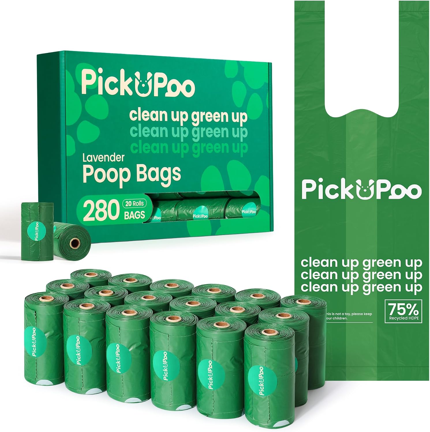 Detalle de PickUPoo hondenpoepzakjes met strikhandvatten, lavendelgeur en 15 micron