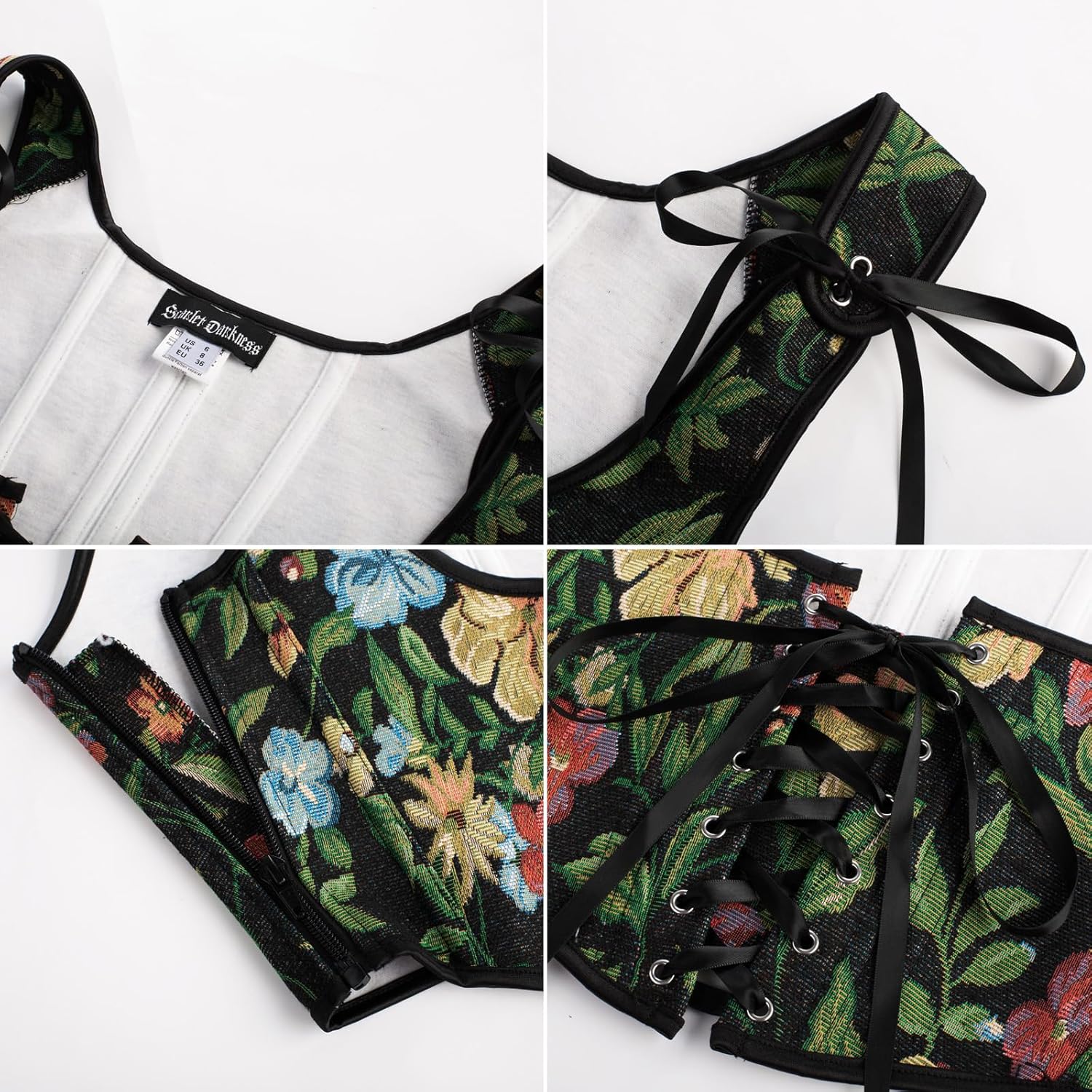 Detalle 2 de SCARLET DARKNESS corsetto bustier rinascimentale donna con lacci frontali e stampa floreale