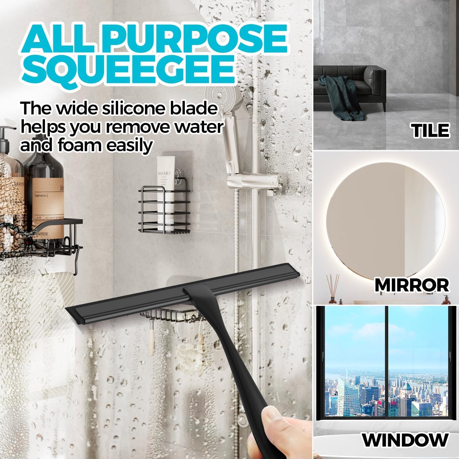 Detalle 1 de ALFLOD Shower Squeegee-1P, 9.98-Inch Rubber Blade, Stainless Steel Handle