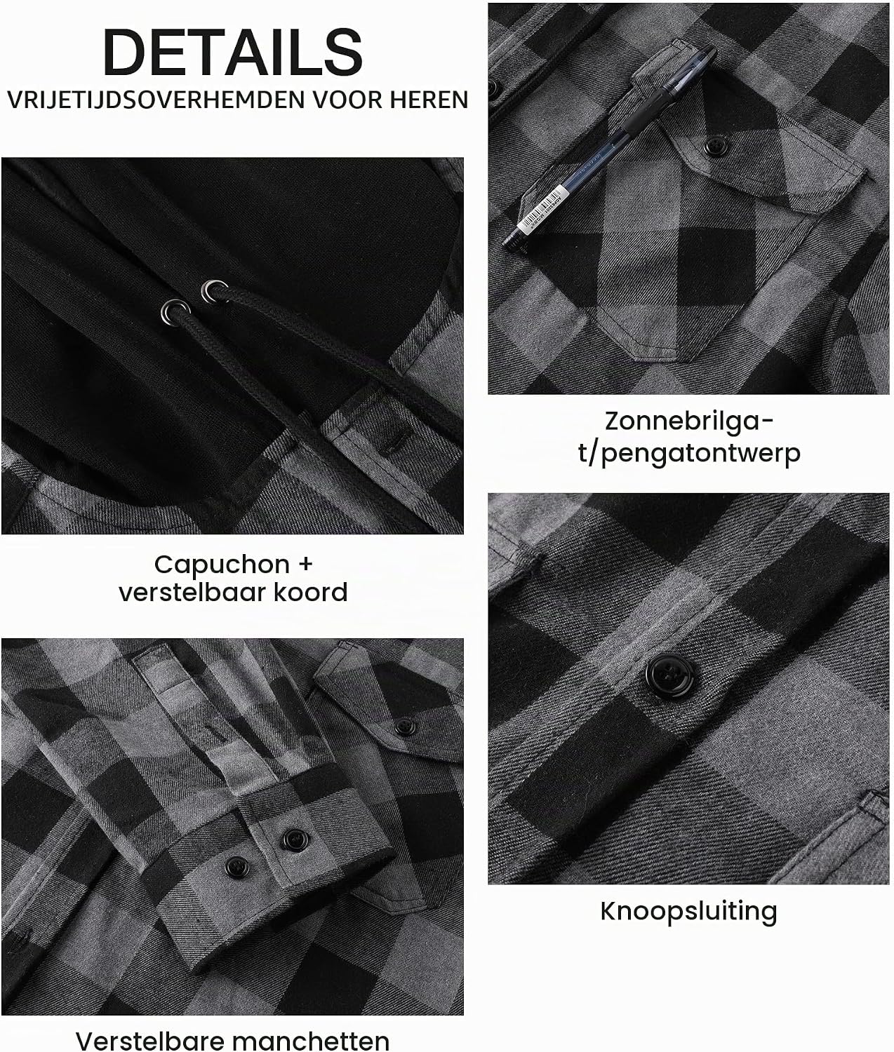 Detalle 2 de SwissWell geruit herenoverhemd met capuchon, lange mouwen en borstzakken