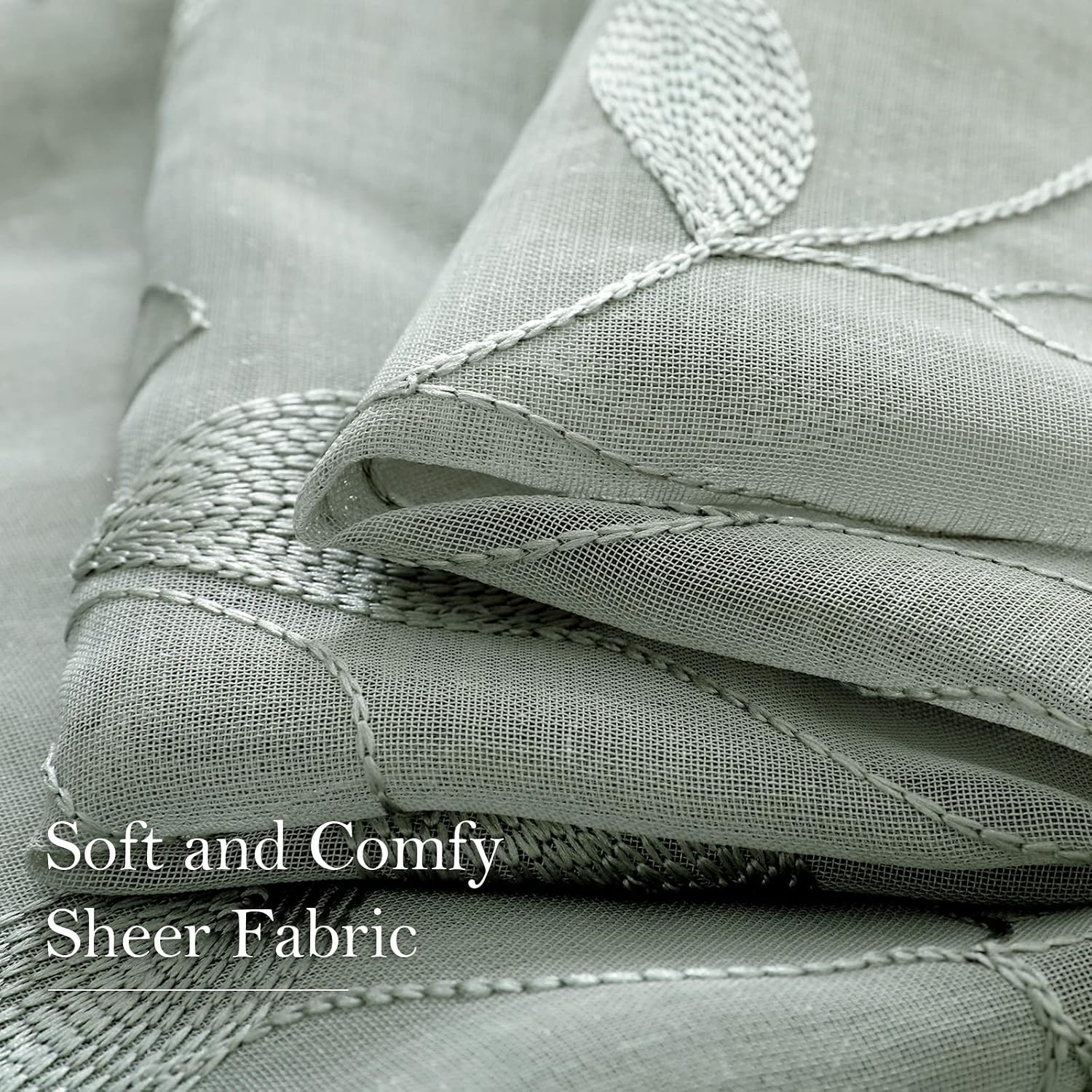 Detalle 2 de HOMEIDEAS 2 Sheer Curtains, Sage Green Embroidered Leaves, 52 x 84 Inches