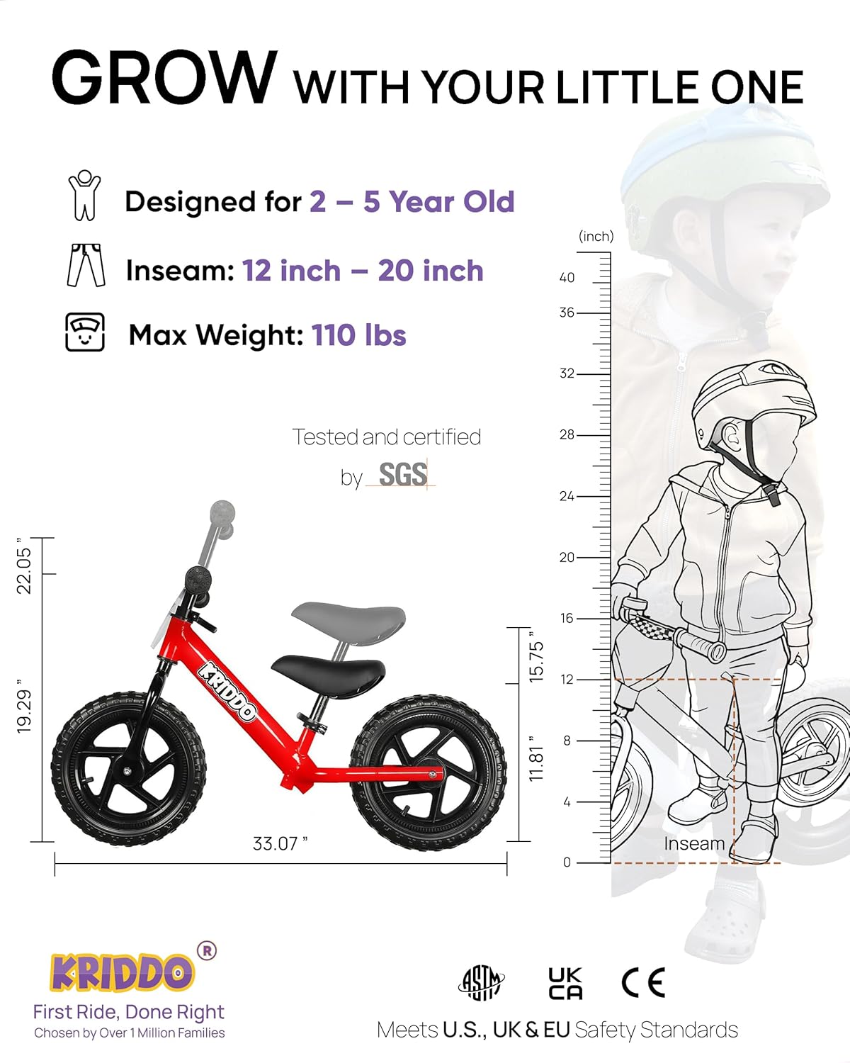 Thumbnail 2 de KRIDDO 12-inch Balance Bike for Kids (Ages 18 Months–5 Years) with Customizable Plate & Stickers, Red