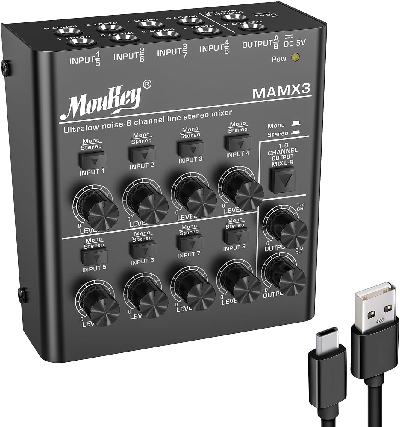 Detalle 2 de Moukey MAMX1 4チャンネルラインミキサー、DC 5V・ステレオ/モノラル切替対応
