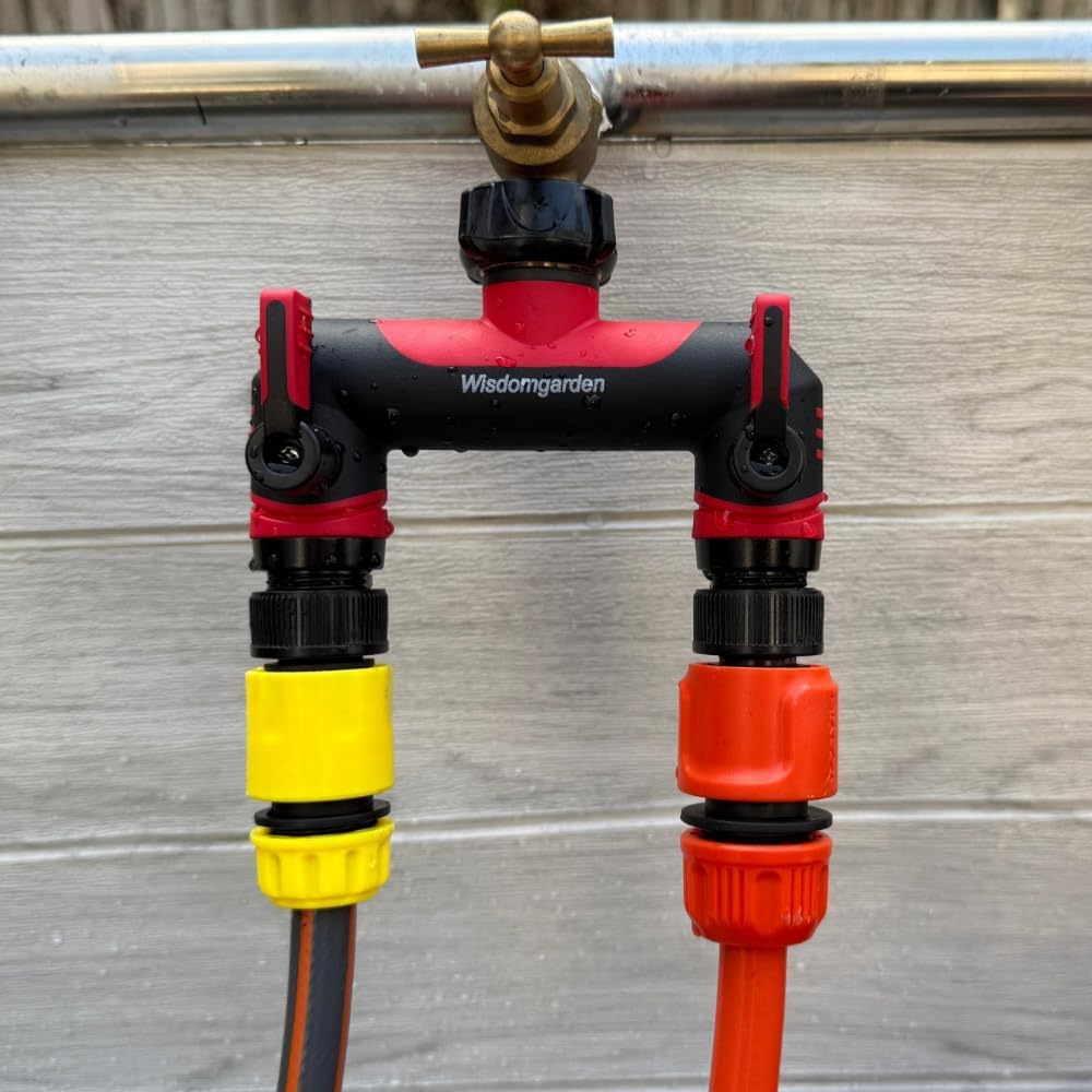Detalle de Wisdomgarden Hose Splitter 2 Way with 3/4" Standard Connection and 1/2" Adapter (ABS) – Practical Twin Outlets for Garden, Washing Machine, and Timers