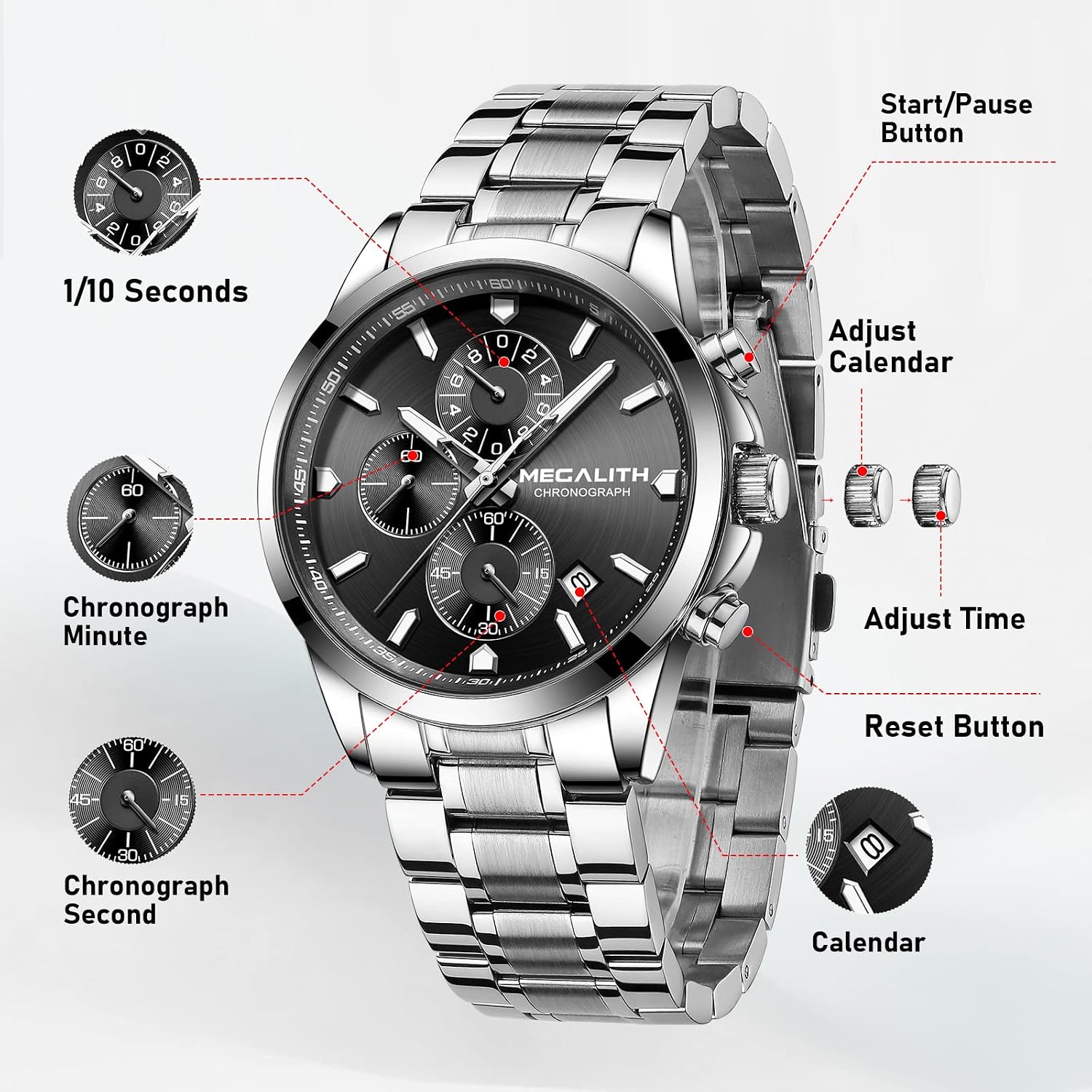 Thumbnail 5 de MEGALITH Herren Uhr Edelstahl Armbanduhr – Chronograph, Quarz, 3 ATM, Leuchtzeiger