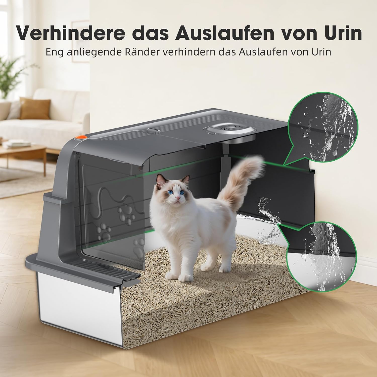 Detalle de XXXL Edelstahl Katzentoilette mit Deckel – extra große, geschlossene Katzentoilette mit 180° Klappdeckel und abnehmbarem Deckel