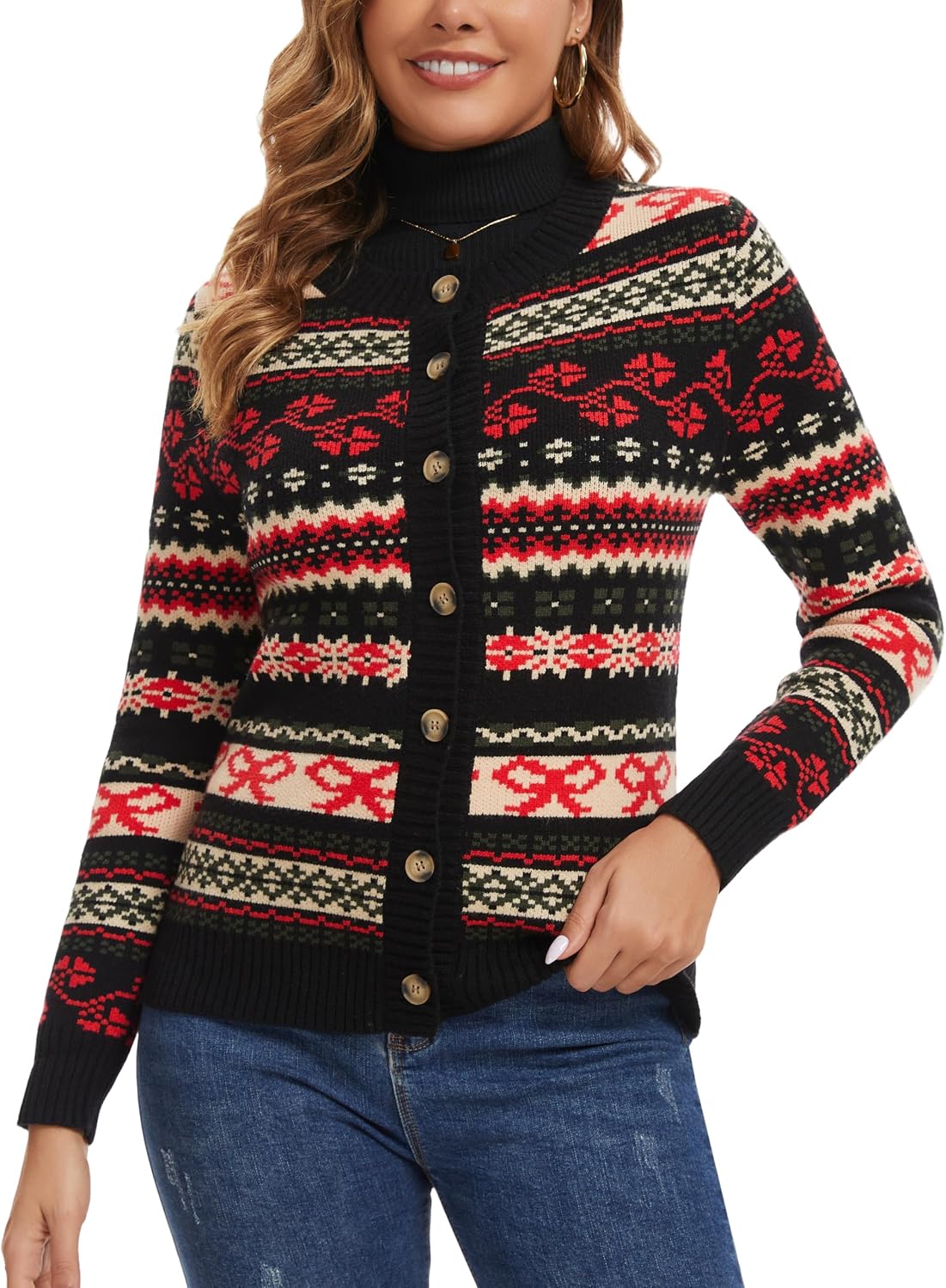 Detalle de Enjyam Damen Strickjacke Elegant Langarm Rundhals Cardigan – Norweger Muster, Weiche Viskosemischung