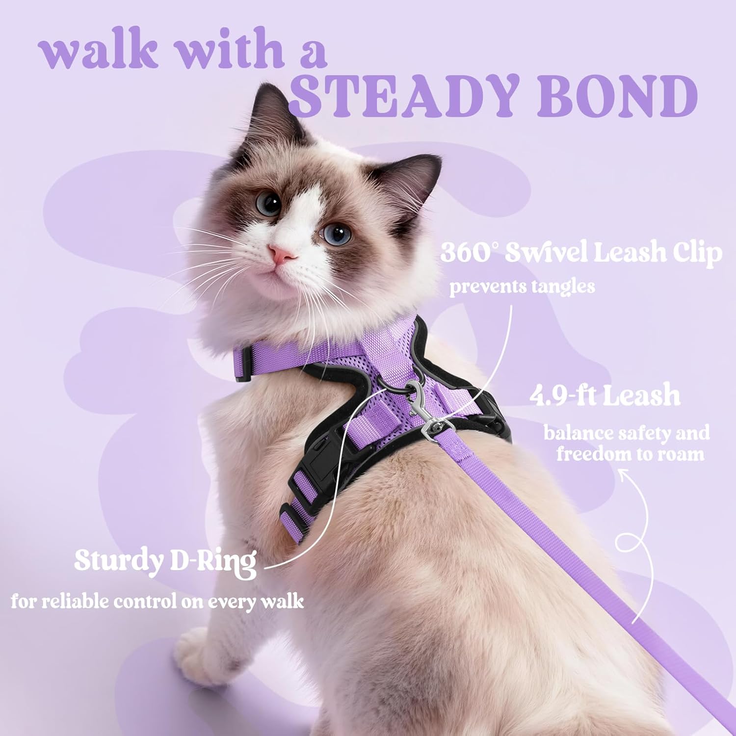 Thumbnail 4 de rabbitgoo Cat Harness and Lead Set (Escape Proof) with Reflective Adjustable Vest, Light Purple, Medium–Large (M)
