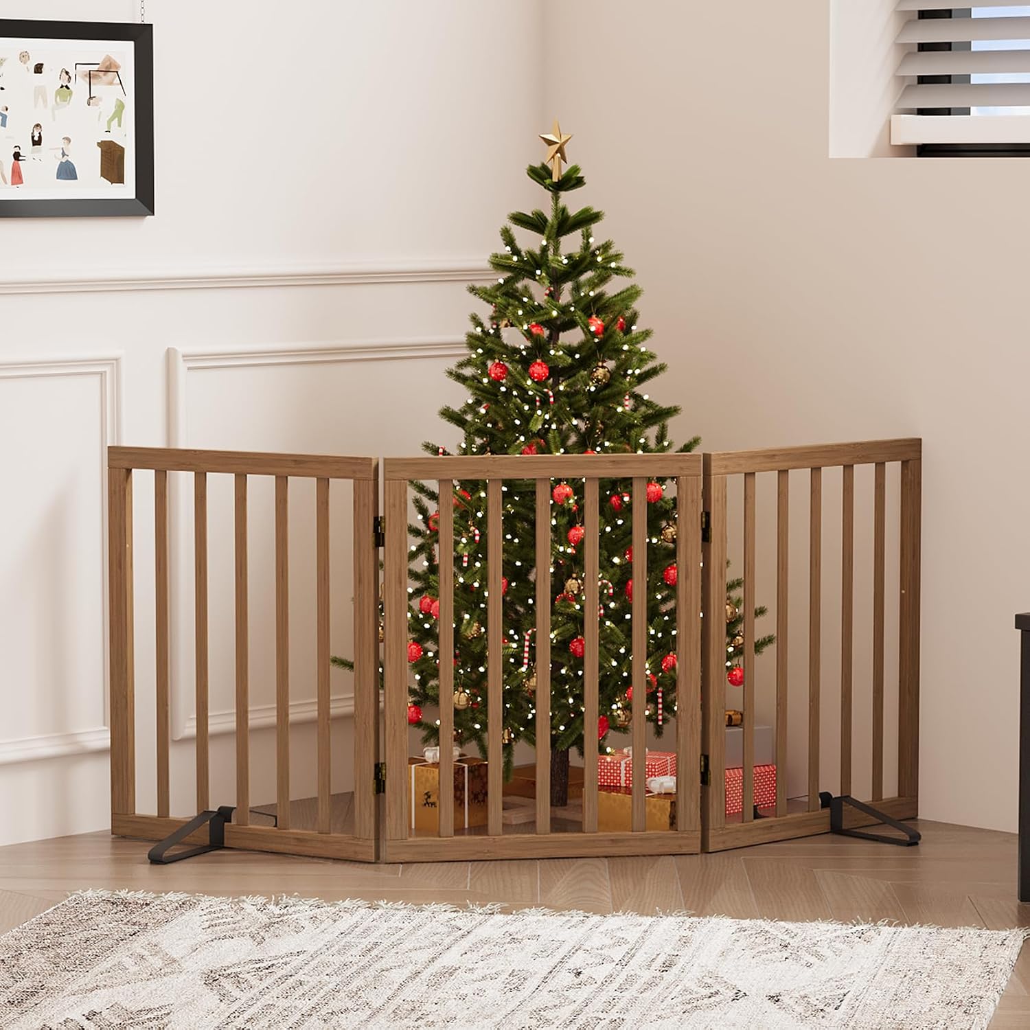 Detalle de Tall Dog Gate for Doorways — 3-Panel Foldable Freestanding Indoor Gate (Dark Walnut)