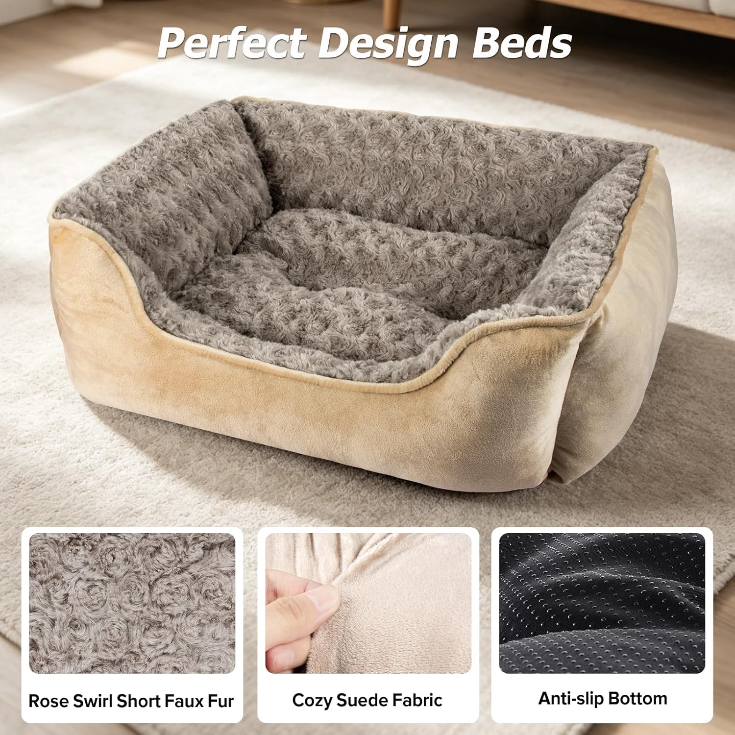 Detalle de JOEJOY Dog Bed Washable Large – Calming, Anti-Anxiety Plush Rectangular Mattress for Dogs (Beige)