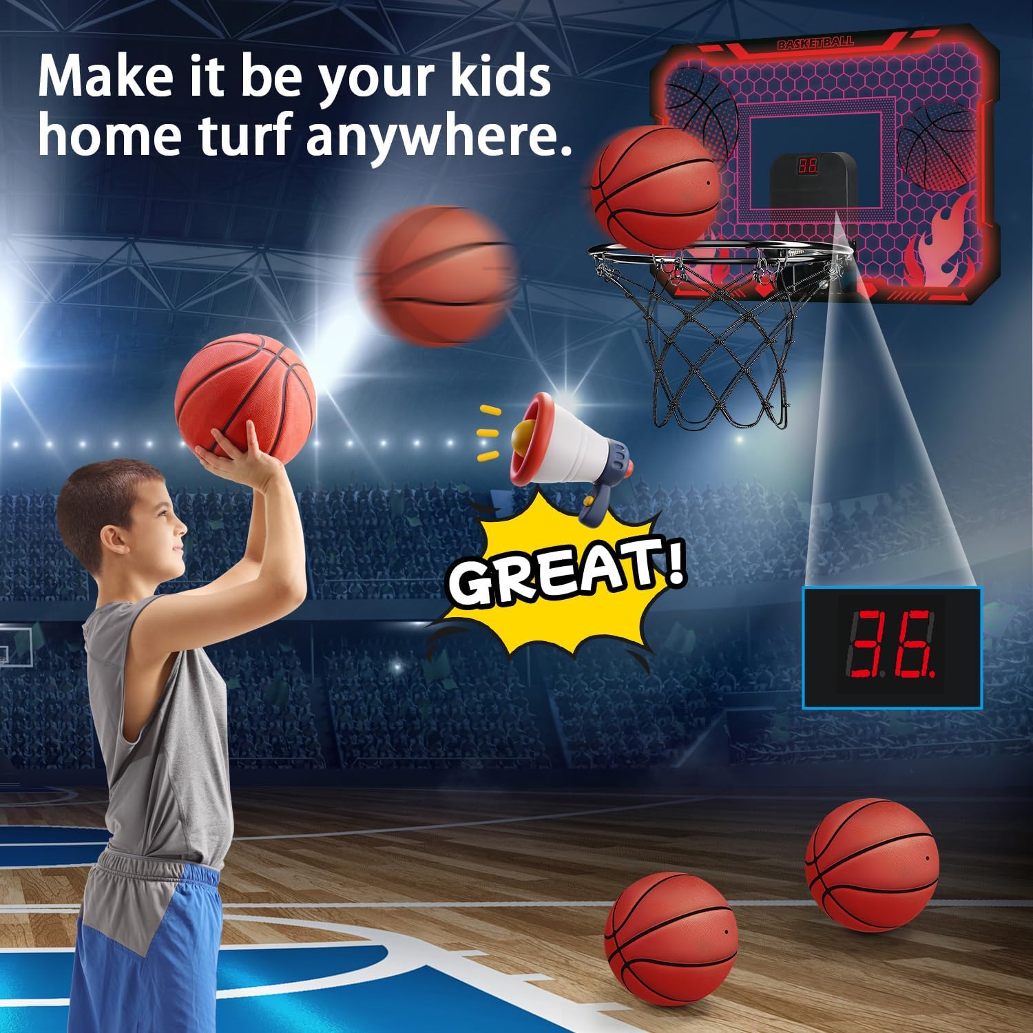 Detalle de VROGTIK Indoor Basketball Hoop for Kids with LED Lights — Over-the-Door Mini Hoop with Scoreboard