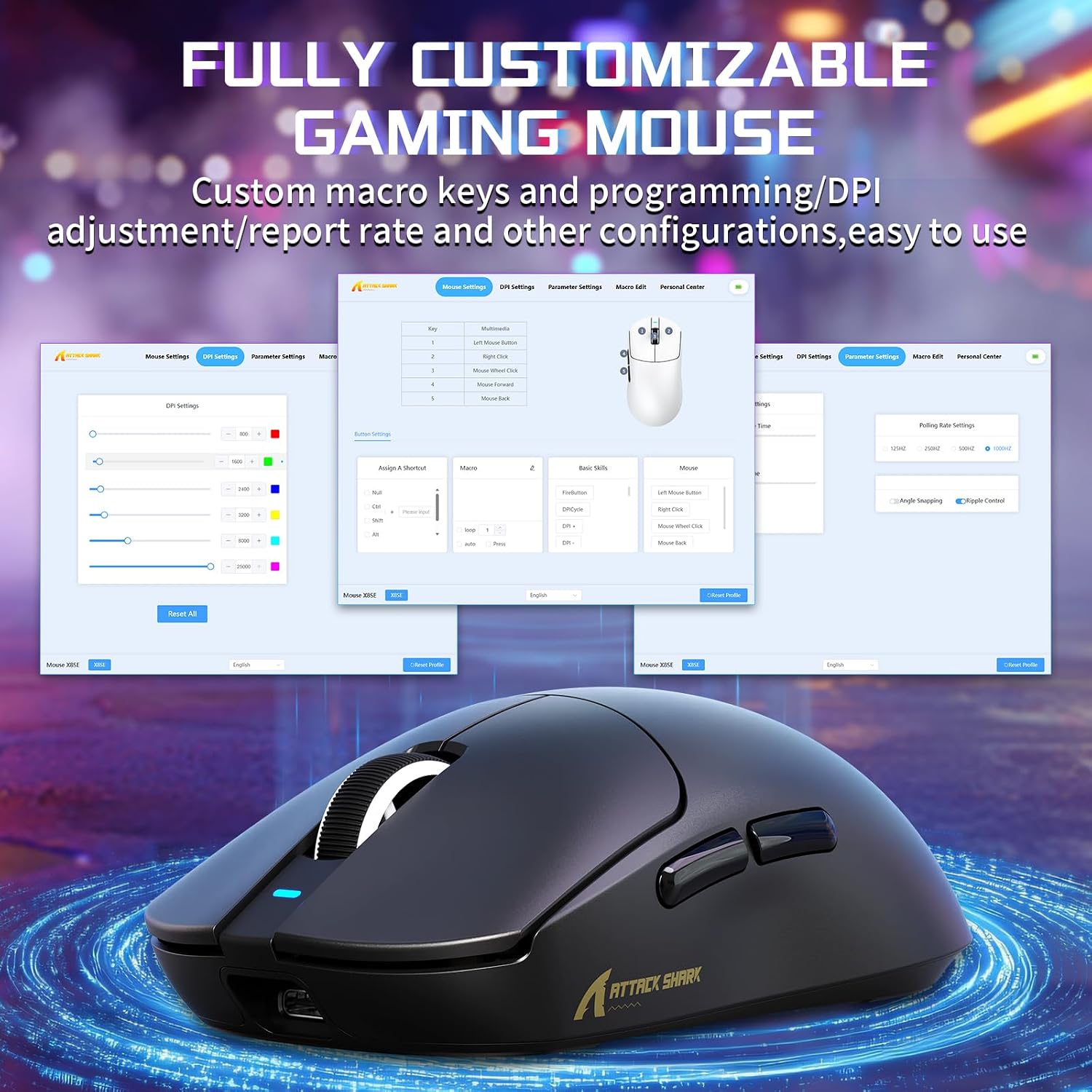 Detalle de MAMBASNAKE X ATTACK SHARK X8SE 55g: mouse da gioco wireless ultra-leggero con DPI 25000 e tripla connettività