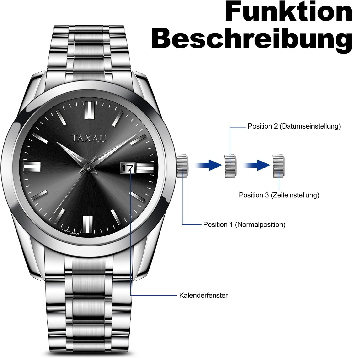Thumbnail 5 de Taxau Herrenuhr aus Edelstahl mit schwarzem Zifferblatt, Datumsfenster & 3-ATM-Wasserschutz