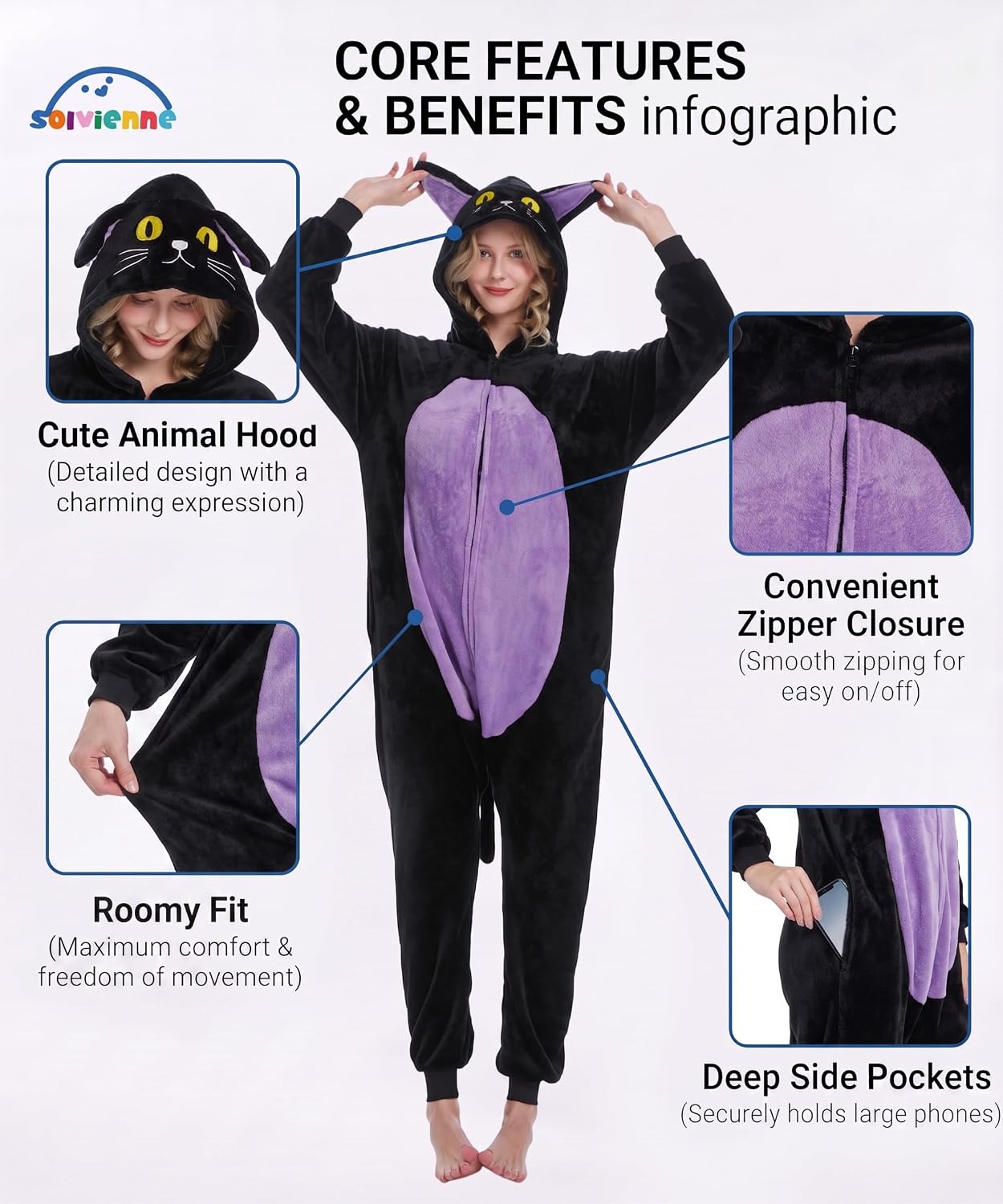 Detalle de Solvienne Adult Halloween Onesie, Plush Zip-Up Pajamas with Pockets