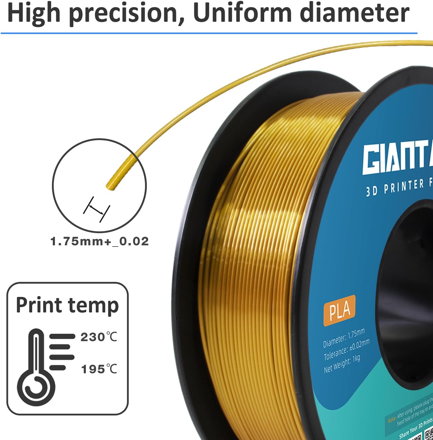 Detalle de GIANTARM PLA-filament 1,75 mm, 1 kg – silkesguld med glänsande finish