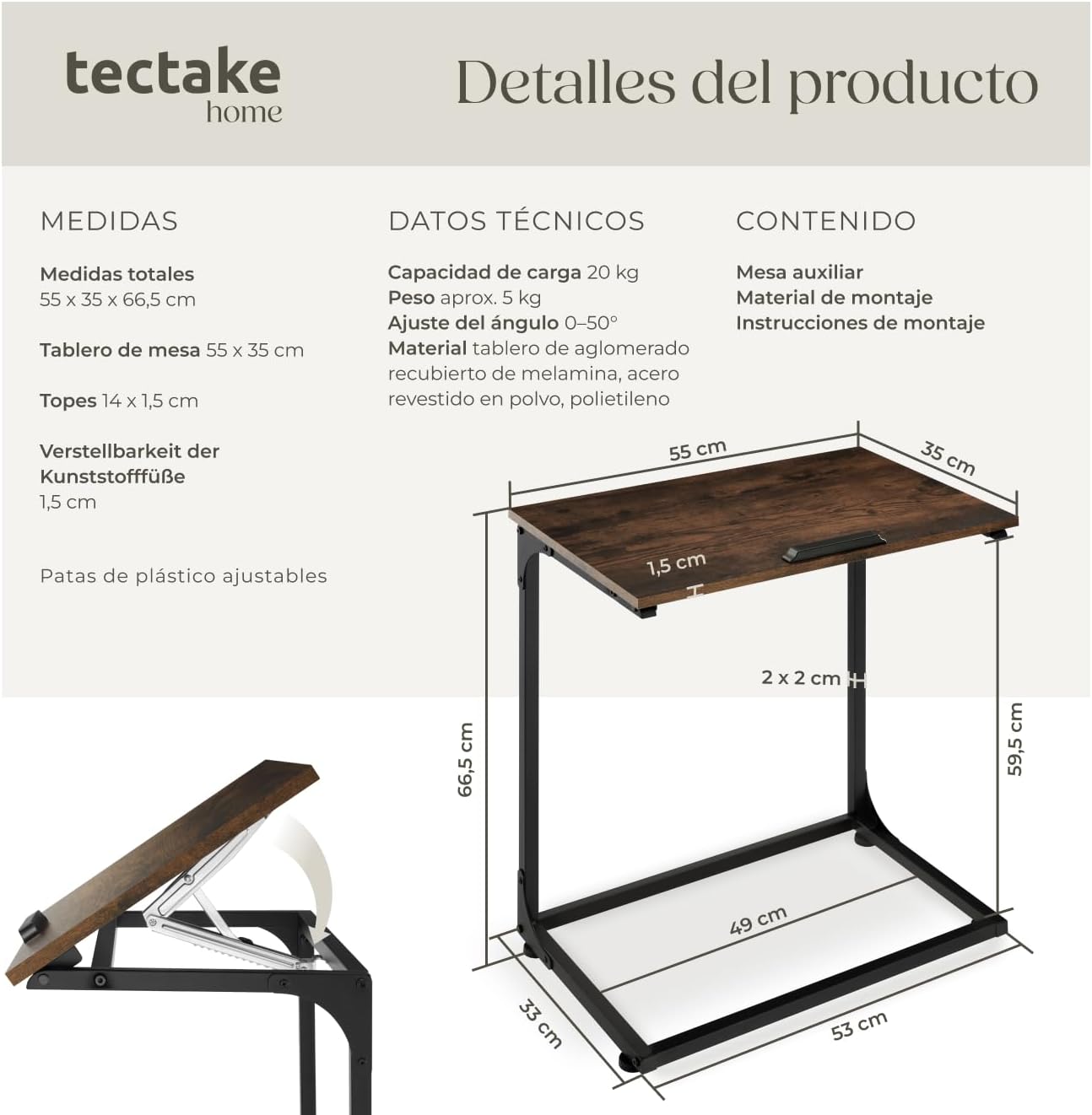 Thumbnail 5 de tectake® Mesa Auxiliar en C 55 x 35 x 66,5 cm