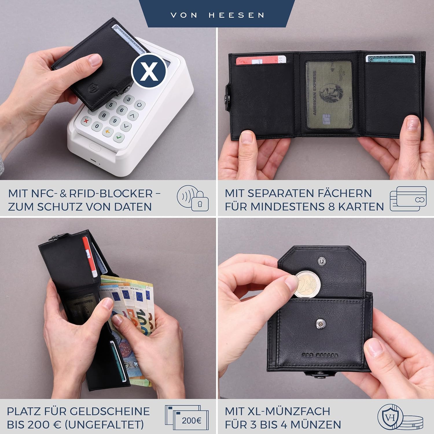 Thumbnail 1 de VON HEESEN Slim Wallet mit XL Münzfach & RFID-Schutz – kleine Leder-Geldbörse für Karten & Bargeld (Schwarz, glatt)