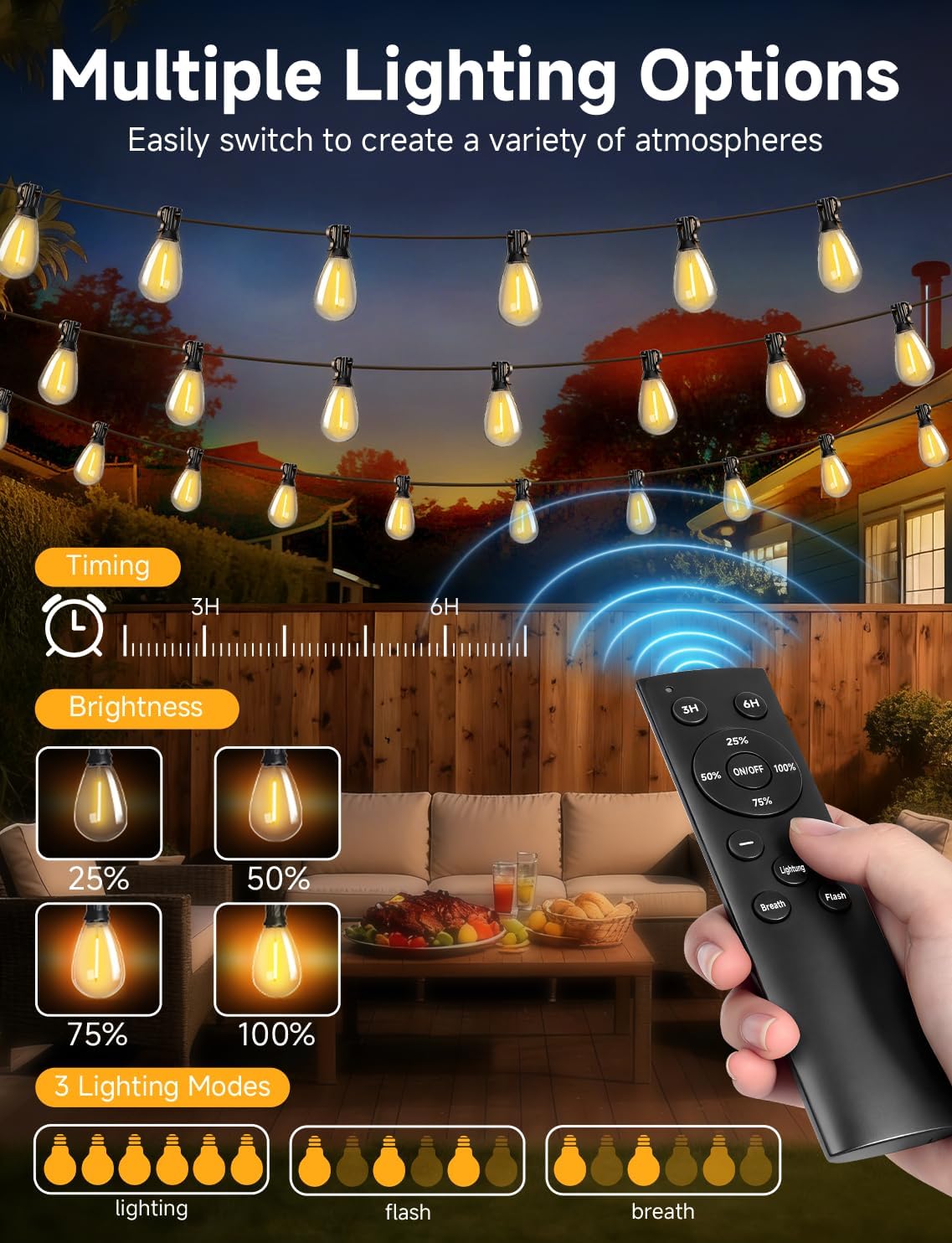 Thumbnail 1 de Likesky 130FT LED Outdoor String Lights with Remote, 2700K, S11 Bulbs