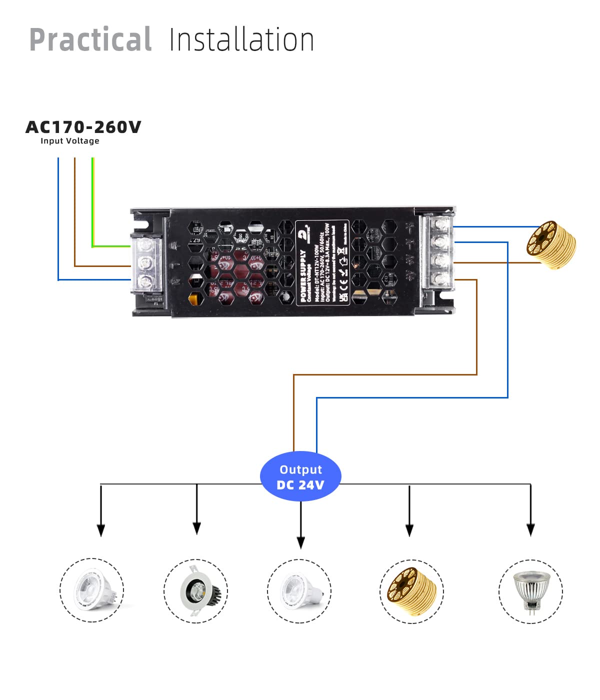 Detalle de DUSKTEC 24V 400W LED Driver Transformer – Slim, Non-Dimmable Power Supply for 24V LED Lighting