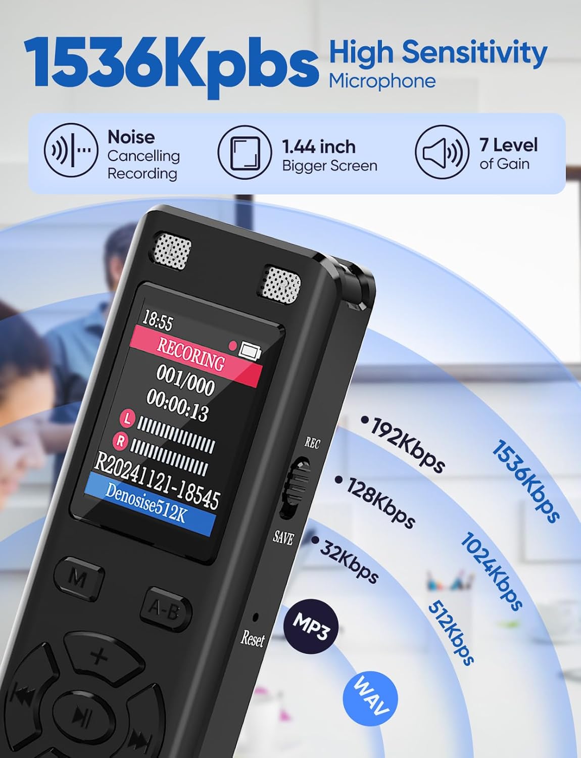 Detalle de DGFAN Voice-Activated Recorder 128GB — 9280 Hours, Voice-Triggered Recording with Noise Reduction