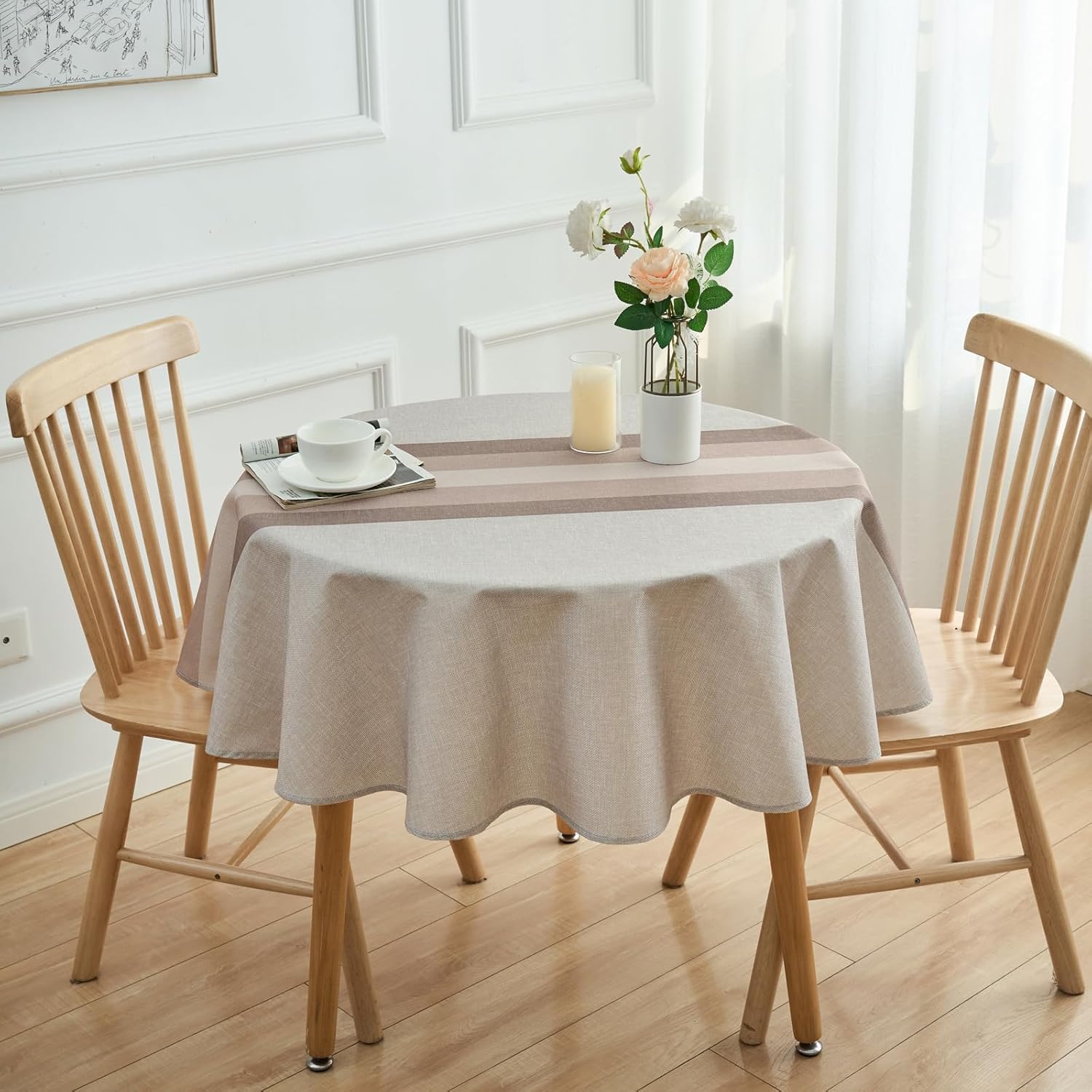 Thumbnail 6 de Arwllzz Beige Round Table Cloth 140x140cm – Washable, Dust-Proof, Faux Linen with Stripe Runner