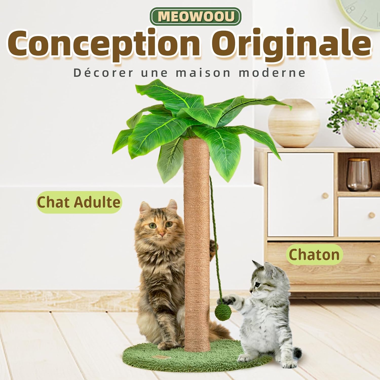 Thumbnail 5 de Meowoou Griffoir pour Chat 60 cm avec corde en sisal et balles suspendues (intérieur)